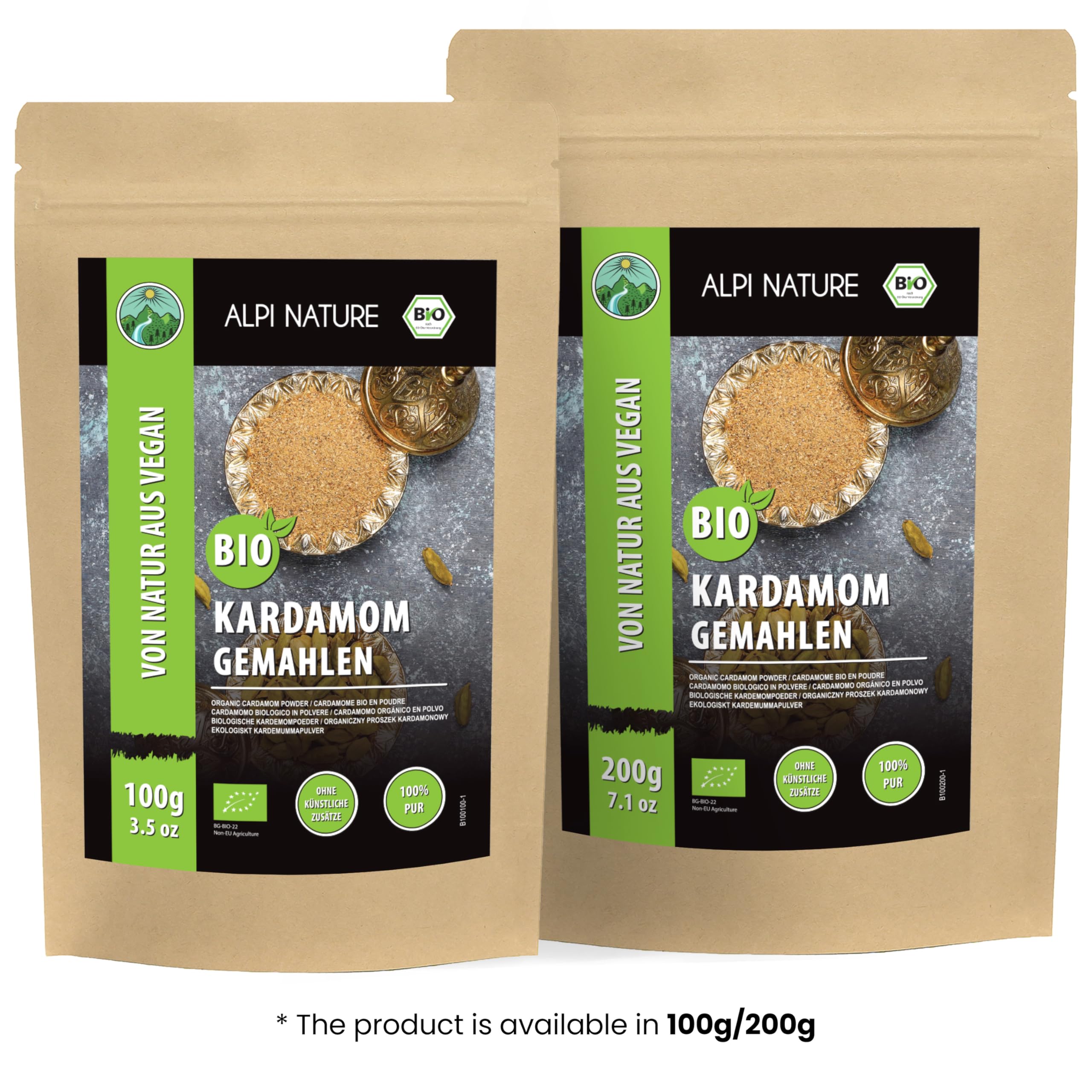 Alpi Nature Cardamome BIO Moulue 200g, Gousses et Graines de Cardamome Verte Moulues pour la Cuisine et la Pâtisserie