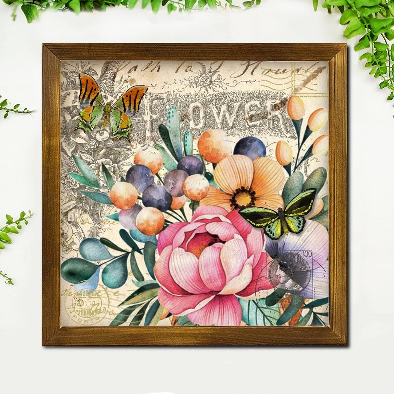 French Yellow Butterfly Rose Flower Wooden Framed Signs Vintage French Poster Wood Plaque Sign Farmhouse Summer Floral Wooden Wall Art Decoration for Bedroom Living Room Office Home Wall 12x12 inch