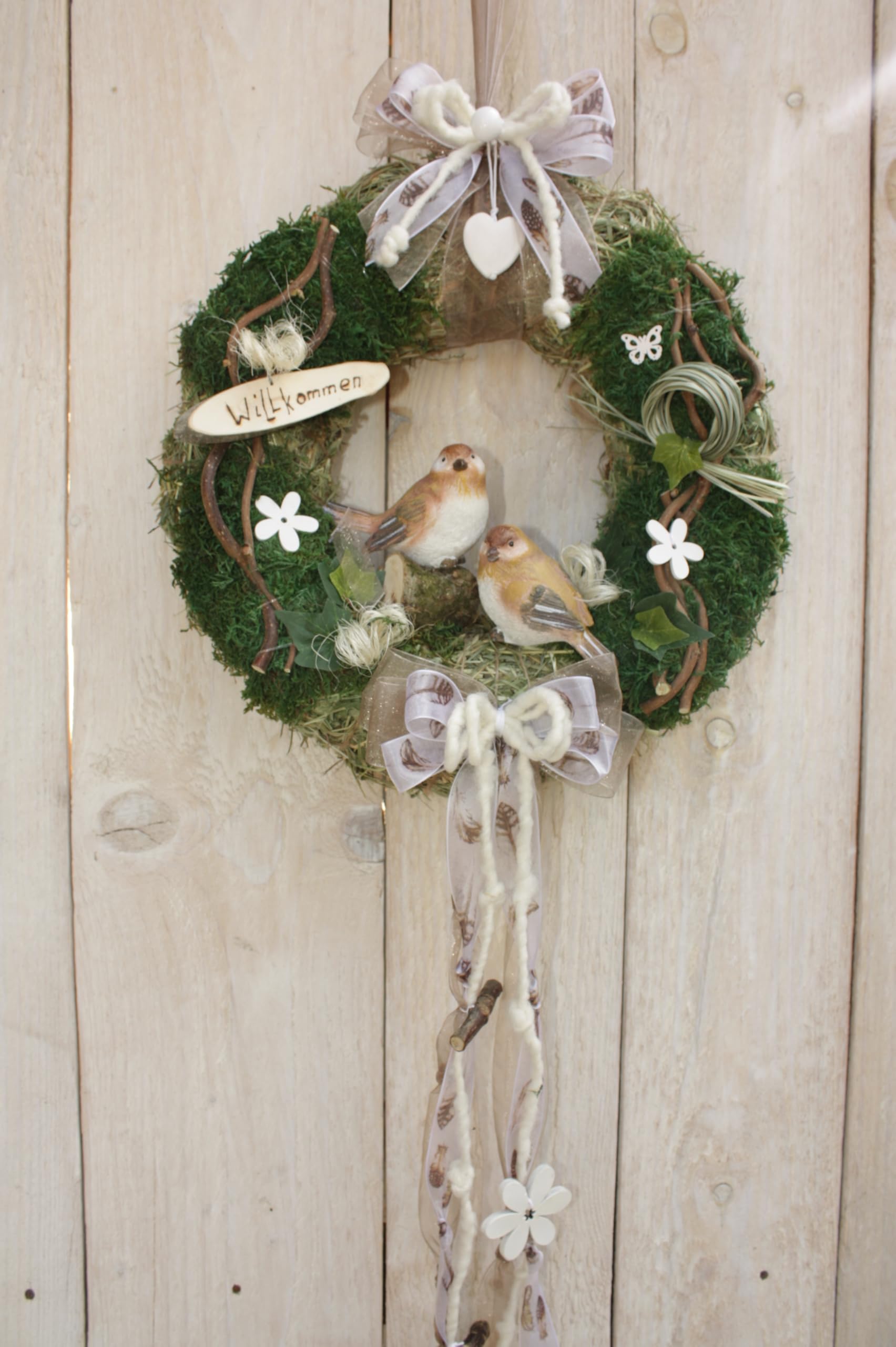 Türkranz D32 cm Sommer mit Zwei Vögel, Taupe weiß | für Tür und Wand, Handgefertigt in Deutschland, Mit Schleife und Willkommen-Schild