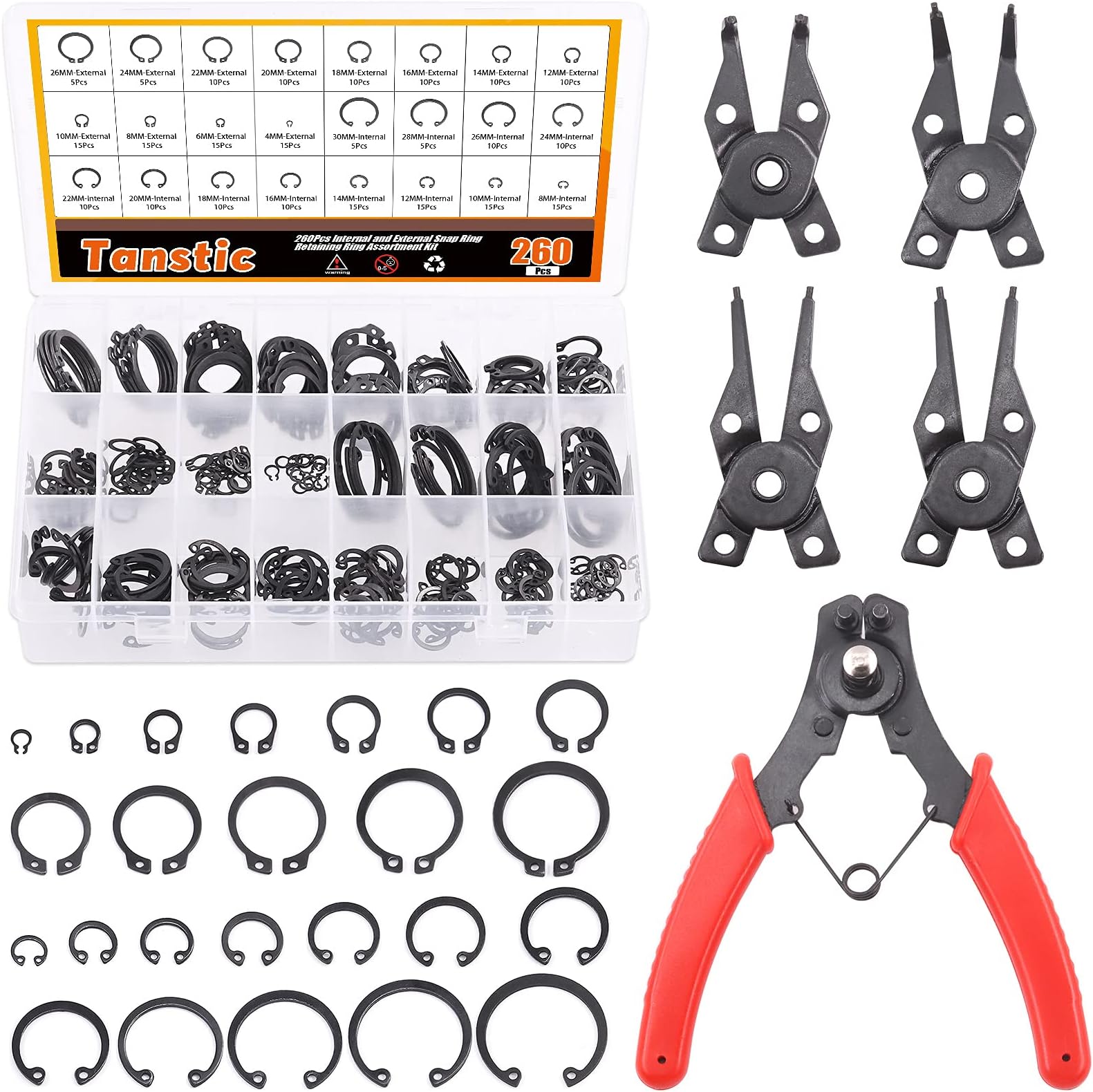 Tanstic 261Pcs 4 In 1 Snap Ring Pliers Set Snap Ring Pliers Remover Retaining Circlip Pliers with 260Pcs Internal and External Snap Ring Retaining Ring Assortment Kit