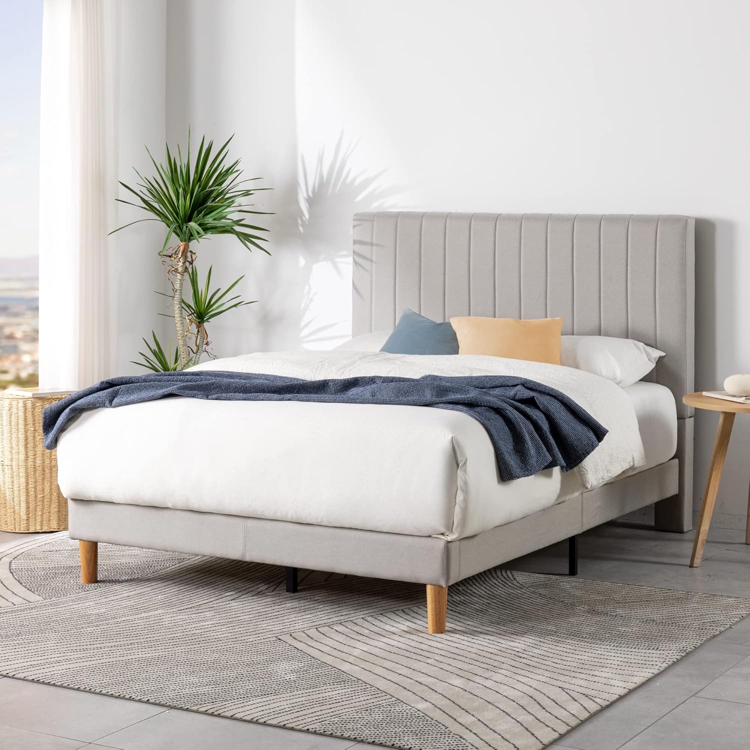 Zinus Queen Bed Frame DEBI Fabric Platform Bed Light Grey Base Mattress Tall Headboard