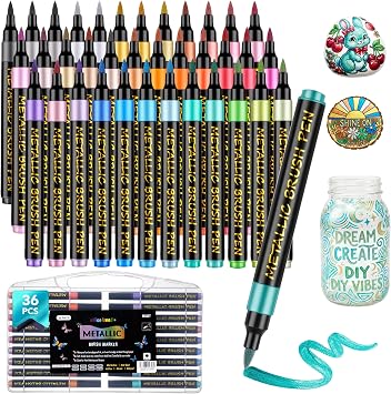 36 Colors Metallic Acrylic Paint Markers, Waterproof Brush Tip Pens | Water-Based | Rock Painting, Glass, Wood, Fabric, Canvas & DIY Crafts