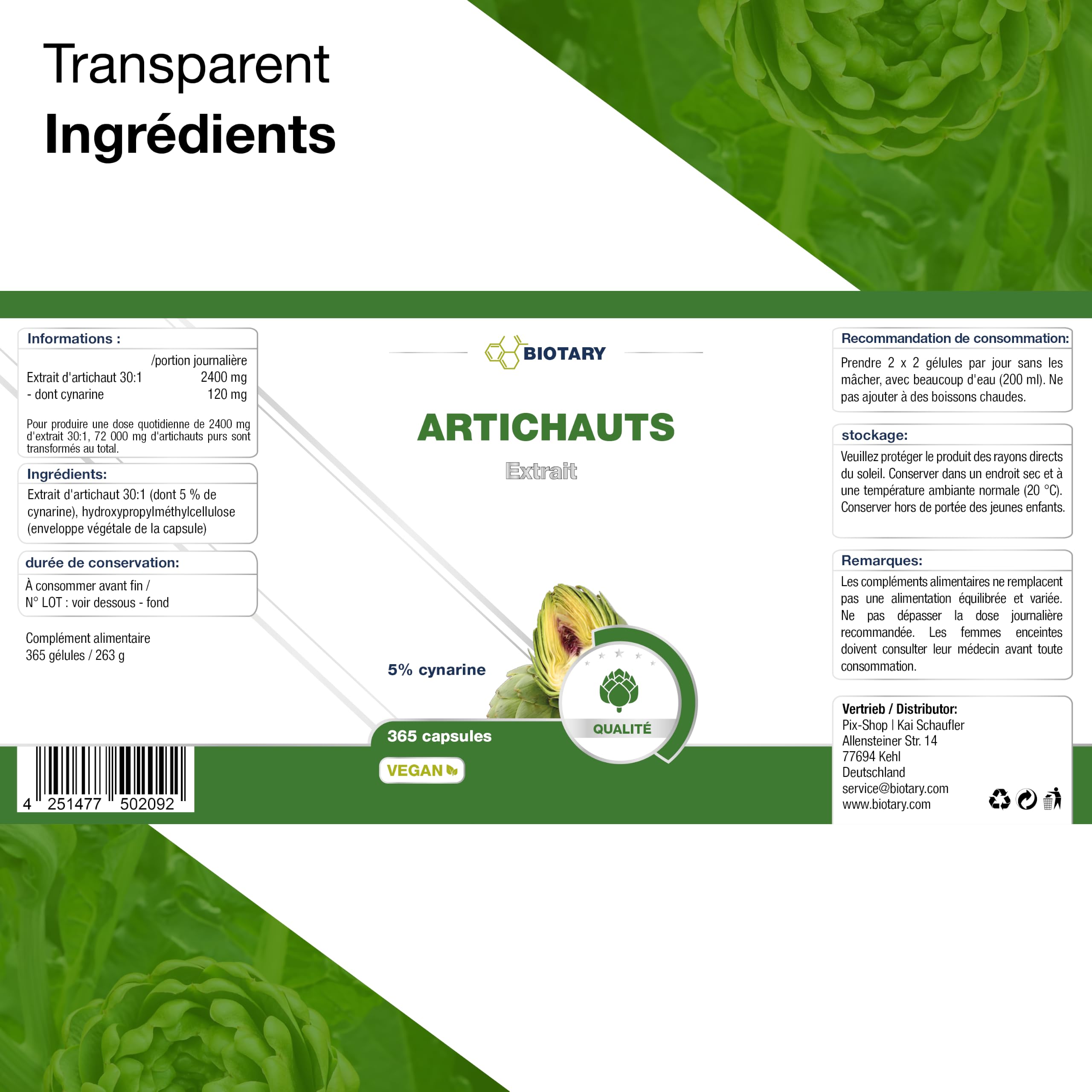 Extrait d’artichaut 365 gélules 2400 mg 30:1 120 mg cynarine 100% végan | Dose journalière équivalant à 72 000 mg d’artichaut avec pilulier inclus réserve de 3 mois qualité contrôlée