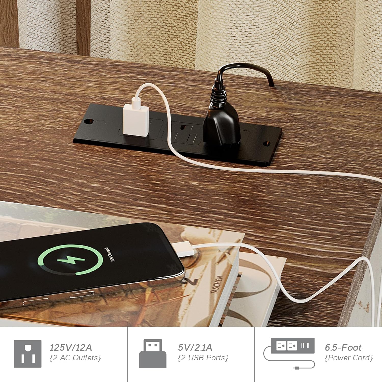 WAMPAT Home Office Furniture Set, 56" Executive Desk with Charging Station, 72" Tall Bookcase with 6 Drawers Dresser, Wood Computer Desk with File Cabinet Storage, Open Shelf, Rustic White