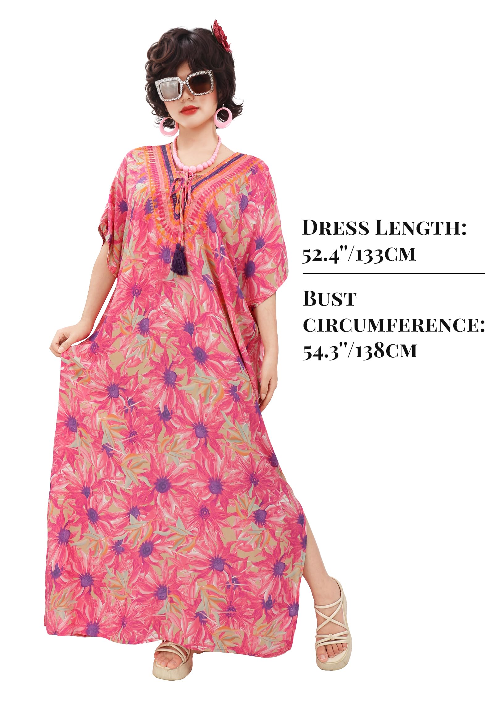 PROCOS Vestidos caftán para mujer, vestido maxi de playa con estampado floral con collar, aretes, lentes, disfraz de Halloween