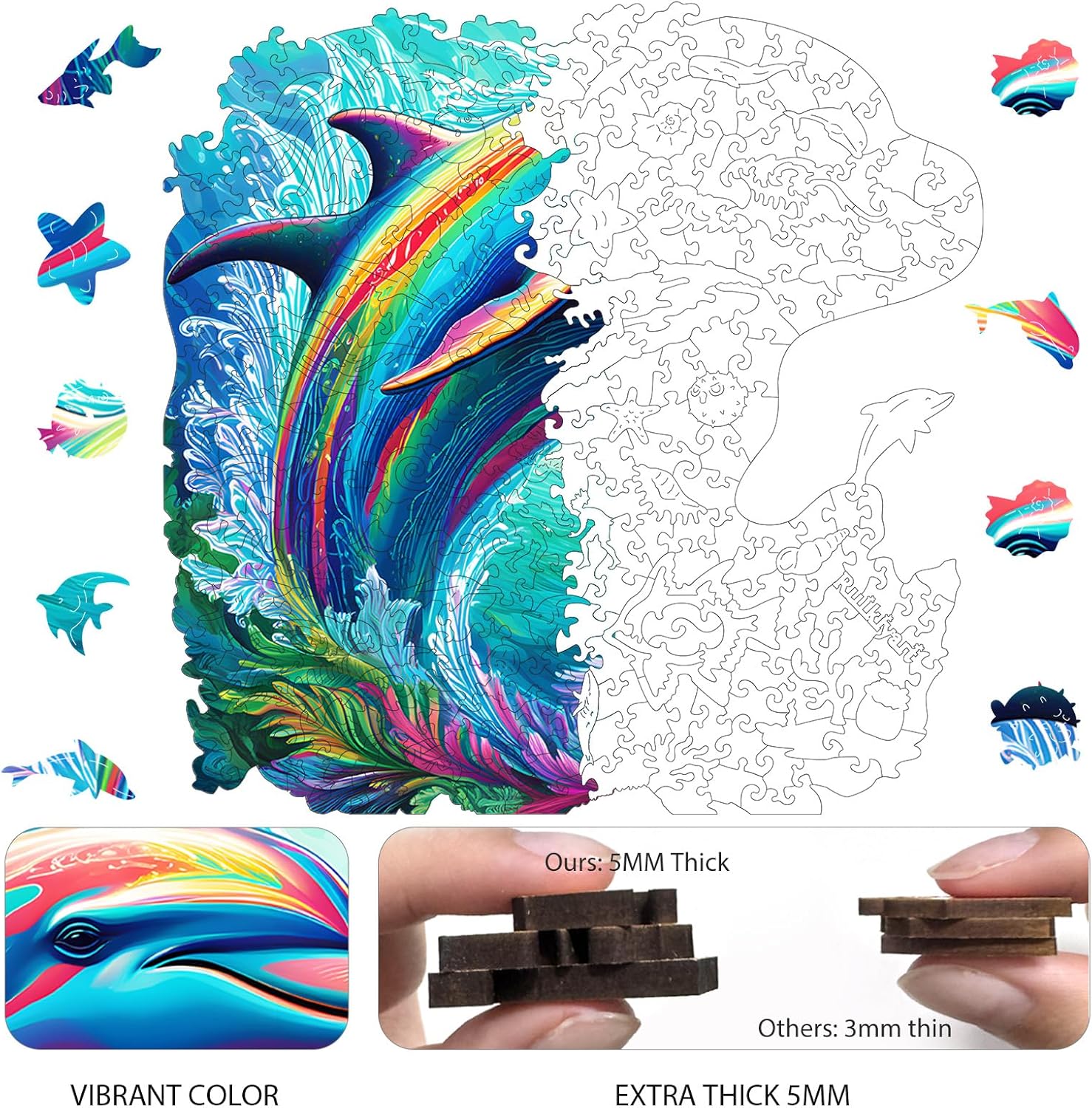 Dolphin Puzzles for Adults 200 Pieces,Unique Shaped Ocean Animal Wooden Jigsaw Puzzles for Kids and Adults,Fun Challenging Dolphin Gifts,11.1”x11.2“