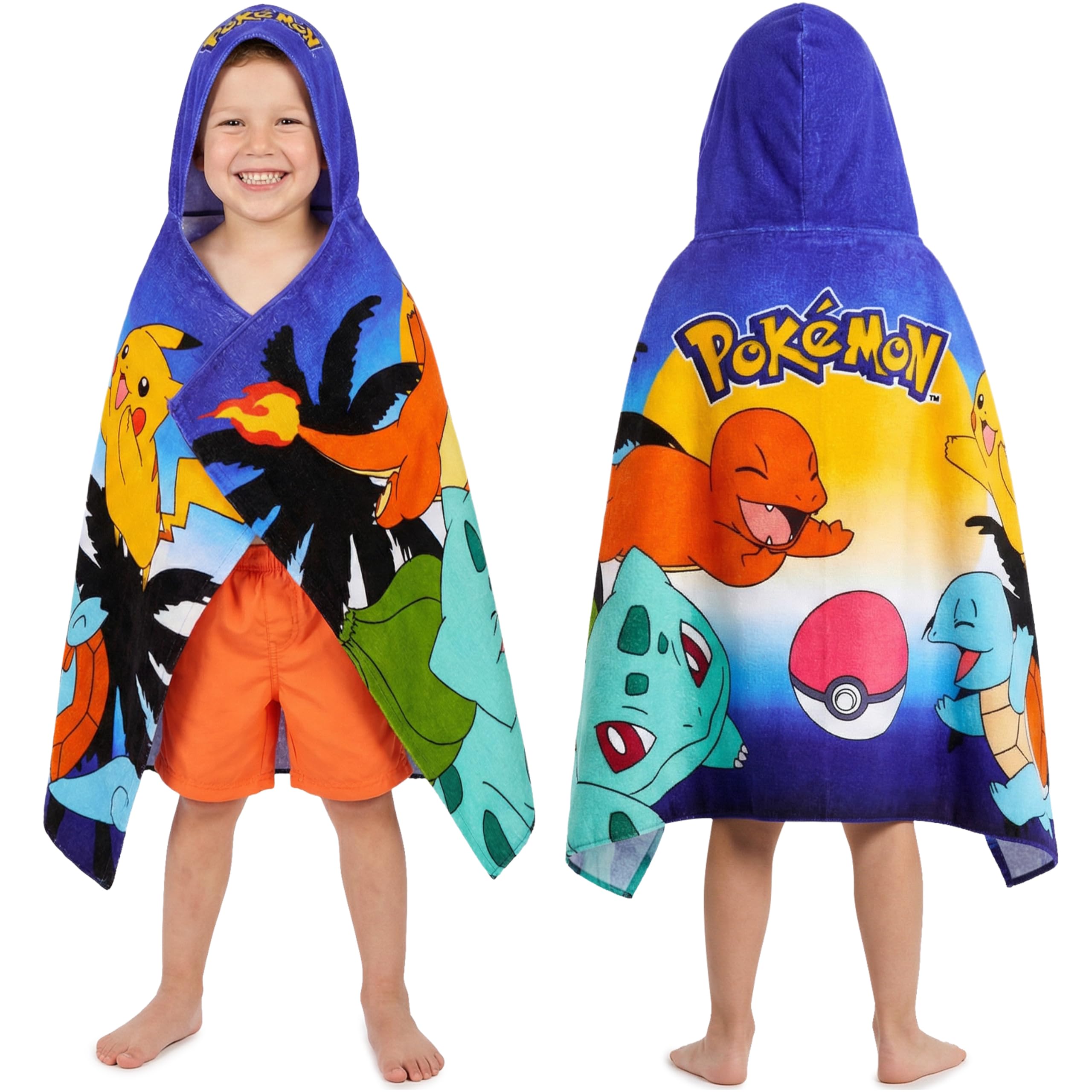 Pokemon Ręczniki z kapturem dla chłopców, bawełniane ponczo kąpielowe, plażowe, miękkie i chłonne, z kapturem, pod prysznic, basen, niezbędne rzeczy w podróży i wakacjach, wiele pokemonów
