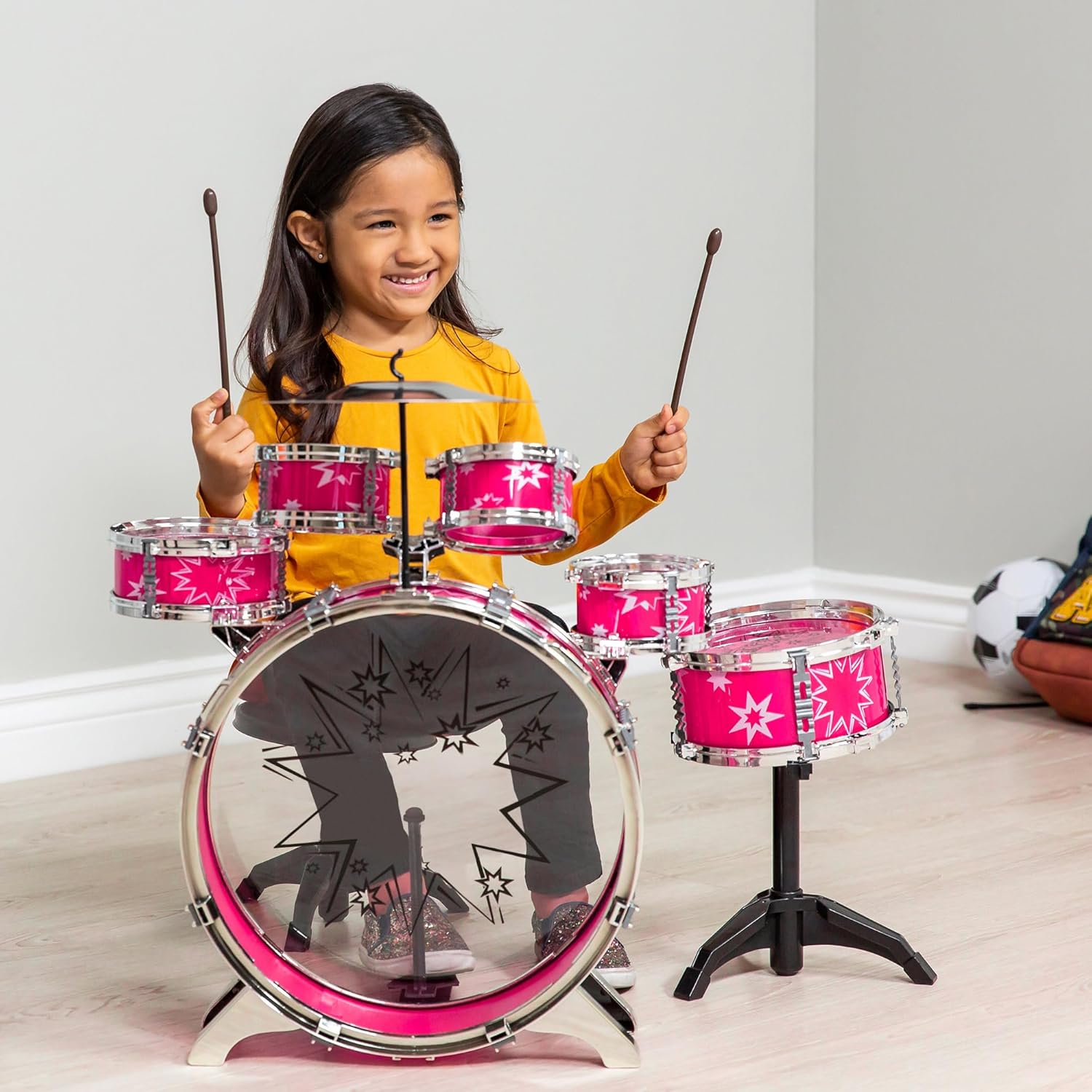 Best Choice Products 11-Piece Kids Beginner Drum Kit, Musical Instrument Toy Drum Set for Music Practice w/ Bass, Toms, Snare, Cymbal, Stool, Stand Drumsticks - Pink
