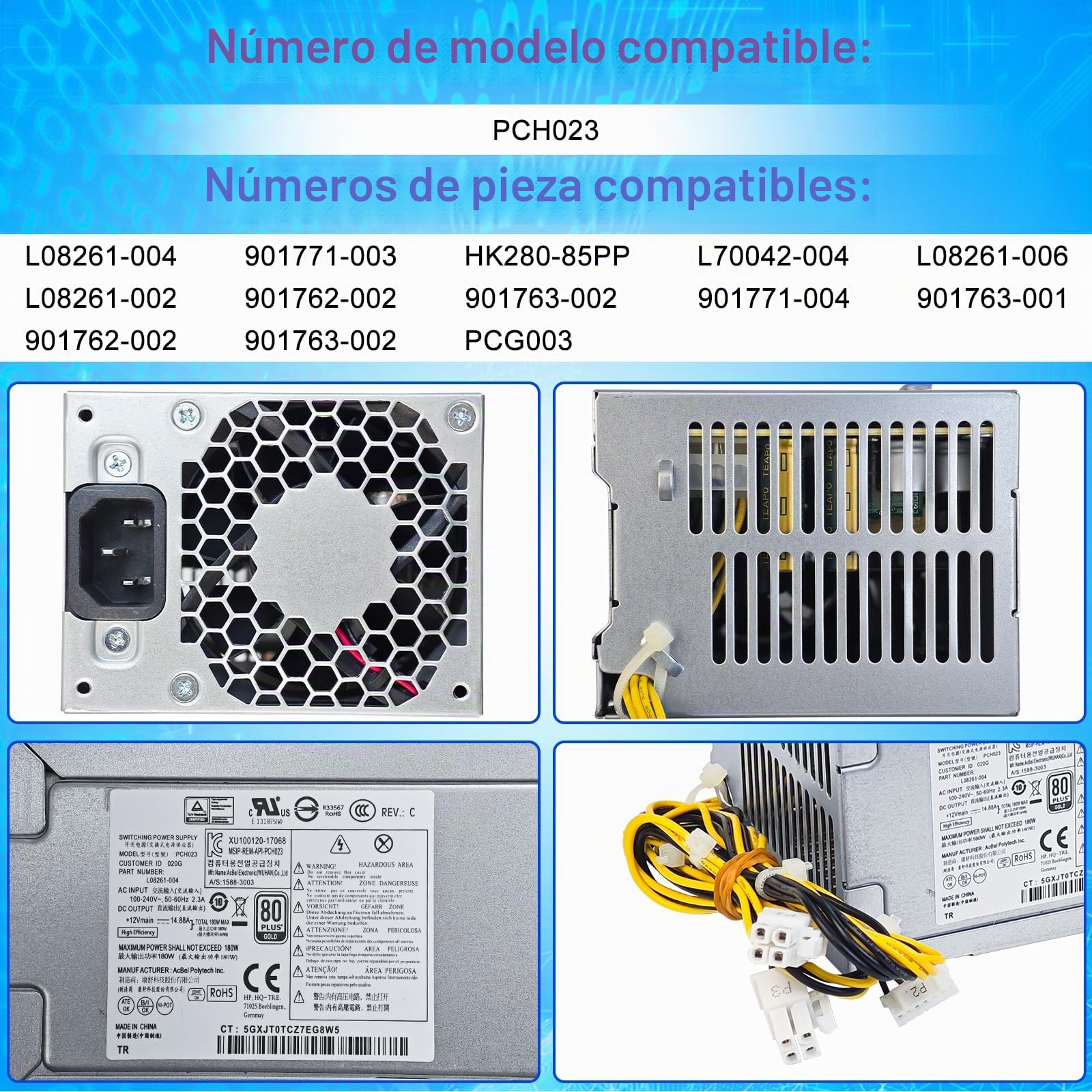 S-Union Fuente de alimentación mejorada L08261-004 PCH023 de 180 W compatible con HP ProDesk G5 Pavilion 590-p0XXX 590-P0097CB PCG003 HK280-85PP L70042-004 L08261-006 Entl11 8 SFF LL Fuente de