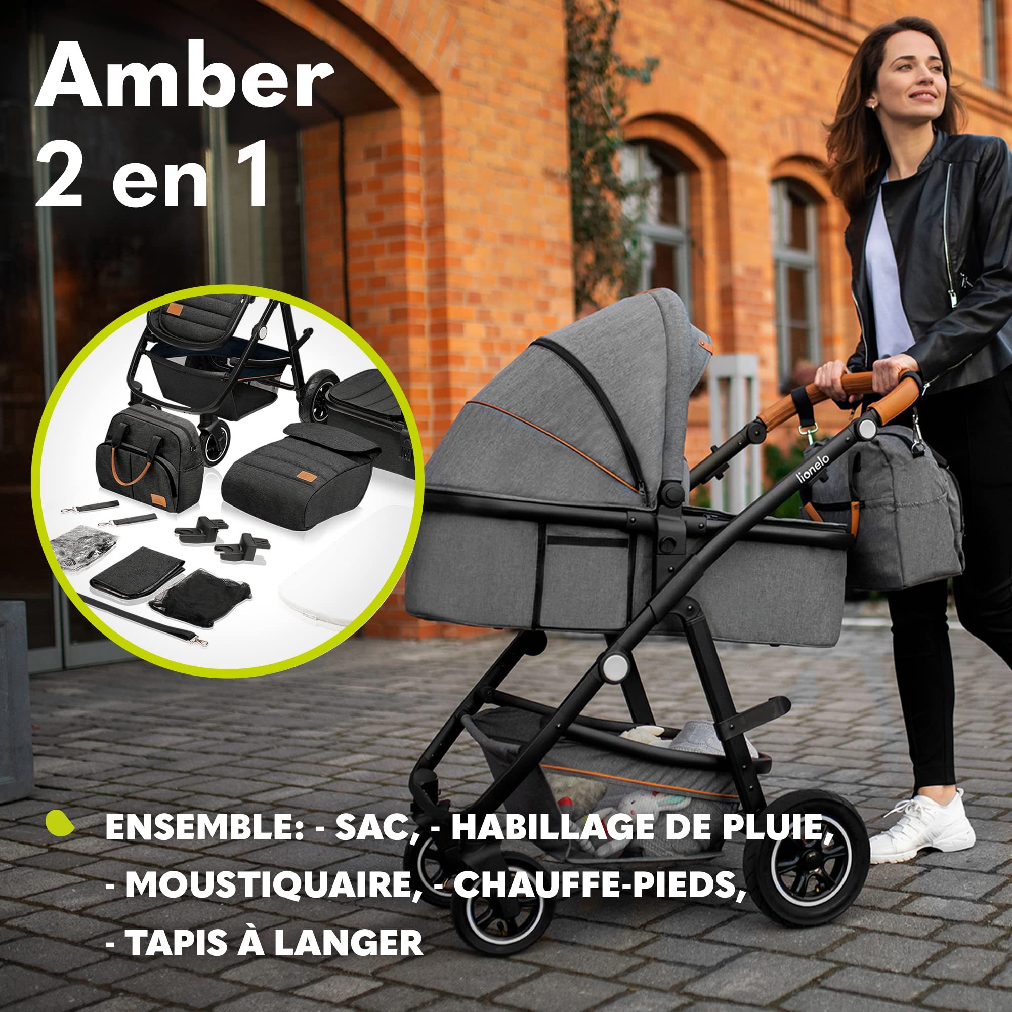 LIONELO Amber 2 in 1 poussette multifonctionnellle, landau, ensemble poussette avec siège sport et nacelle fixe, sac, moustiquaire, couvrir, feuille de pluie