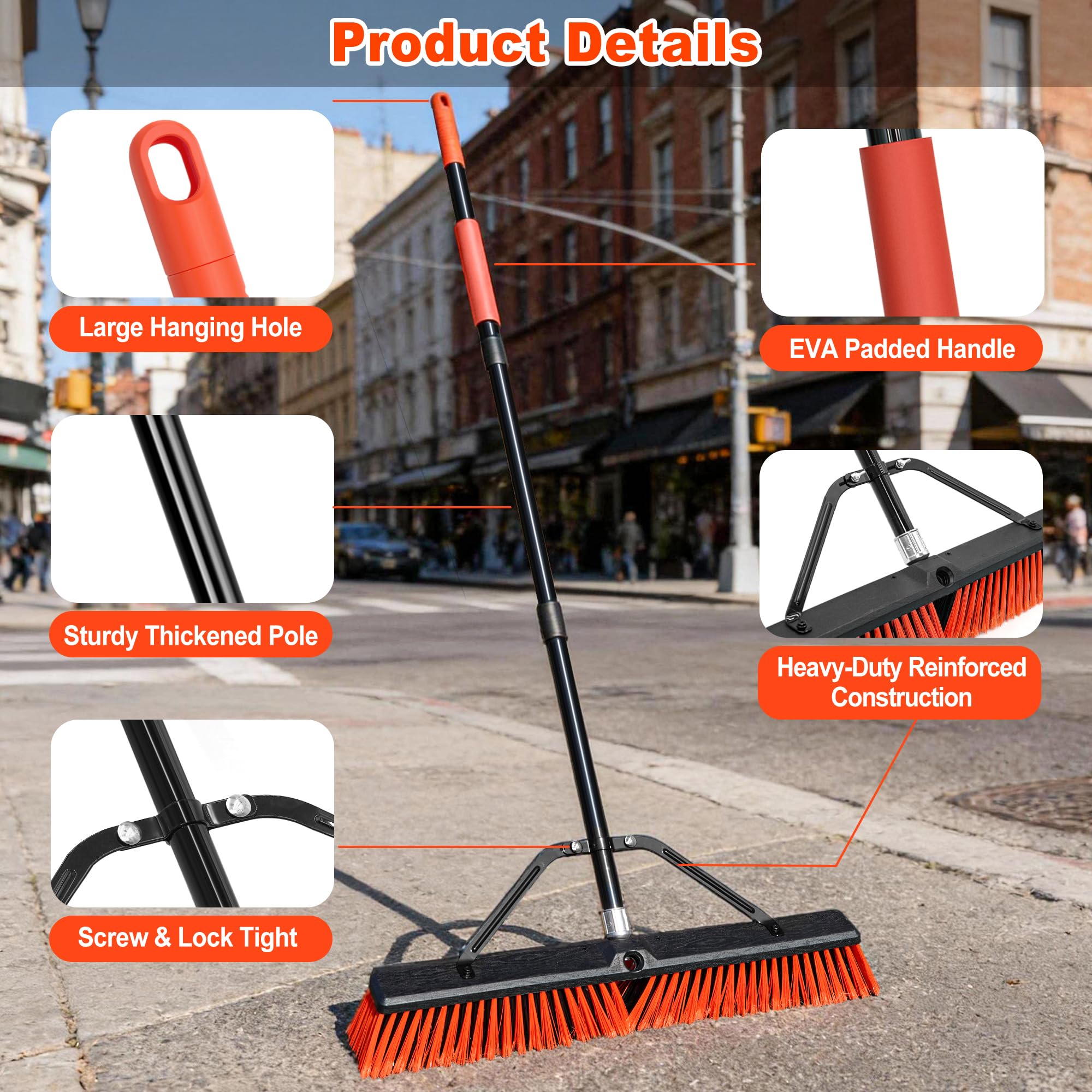 JEHONN 60 cm Balai Brosse Exterieur Manche Long 160 cm Brosse Industrielle Poils Durs Garage Entrepôt Atelier Jardin Terrasse (Rouge)