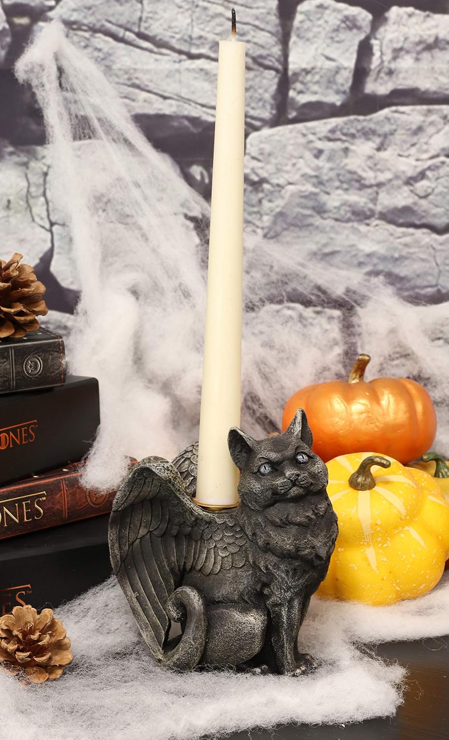Ebros Gothic Angel Winged Catgoyle Cat Gargoyle Candle Holder Statue Medieval Renaissance Notre Dame Fantasy Gargoyles Angelic Feline Cats Sculpture Halloween Home Decor (Right Facing)