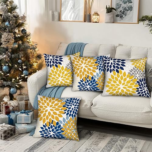 Miniatura 4 de PICKFORU Juego de 4 fundas de almohada amarillas y azules, 18 x 18 pulgadas, patrón geométrico de dalia de flores, fundas de almohada modernas para