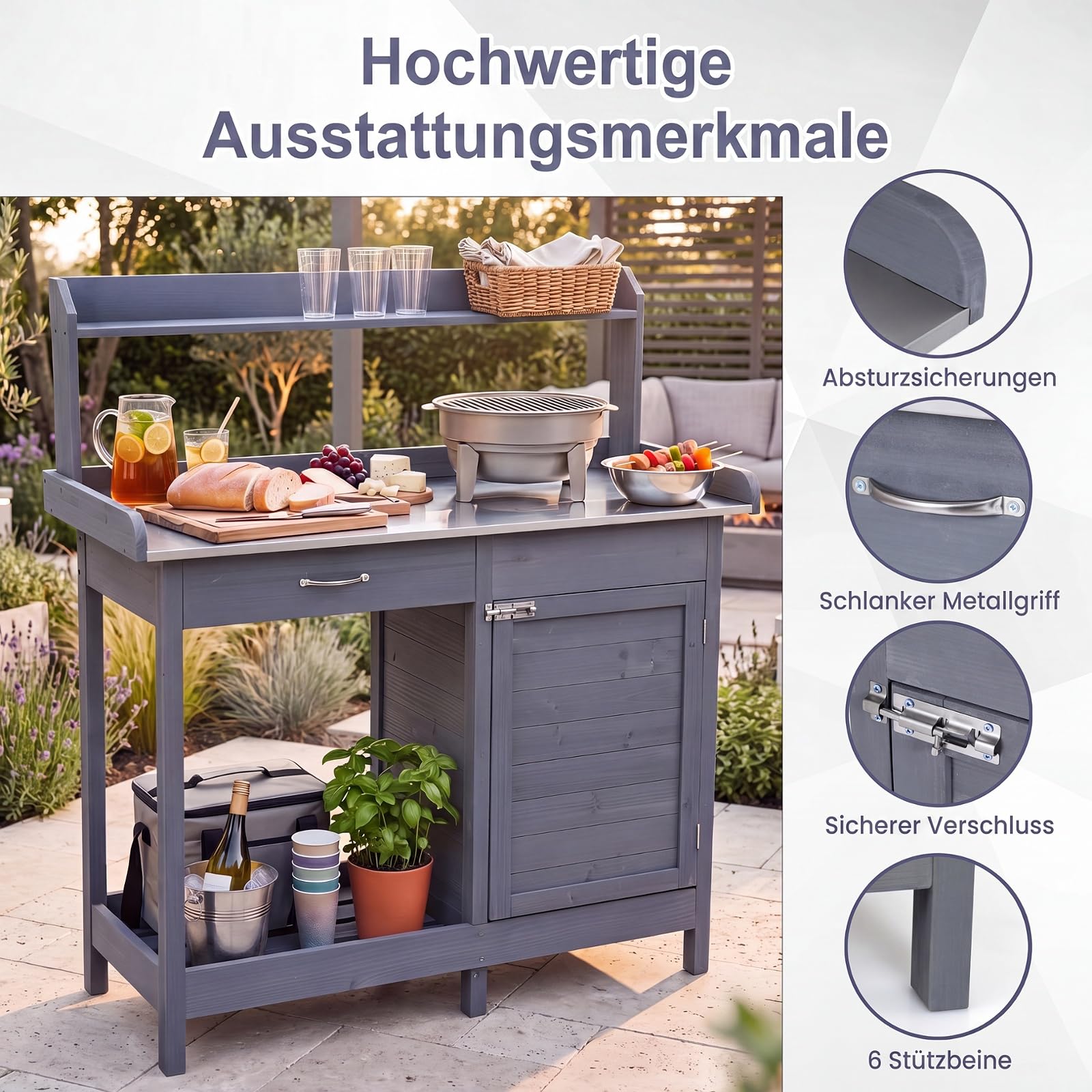 GYMAX Pflanztisch mit Unterschrank, 112 x 46,5 x 125 cm (Grau)