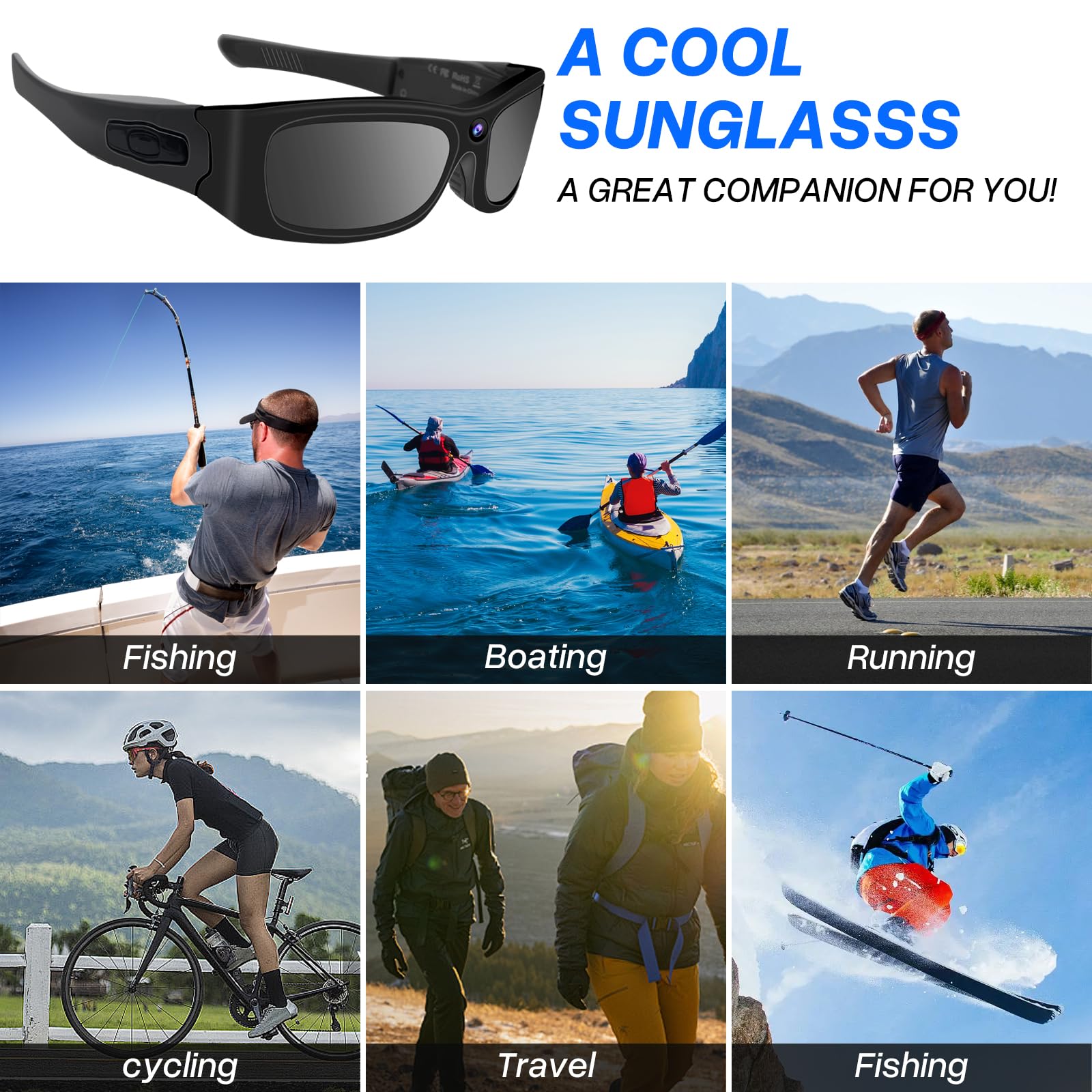 Caméra pour Lunettes de Sport HD 1080P,Caméra Espion Lunettes de Soleil avec Bluetooth, Minicaméra d'action Vidéo pour Lunettes de Sport pour Vélo/Moto pour Prendre des Photos et des Vidéos