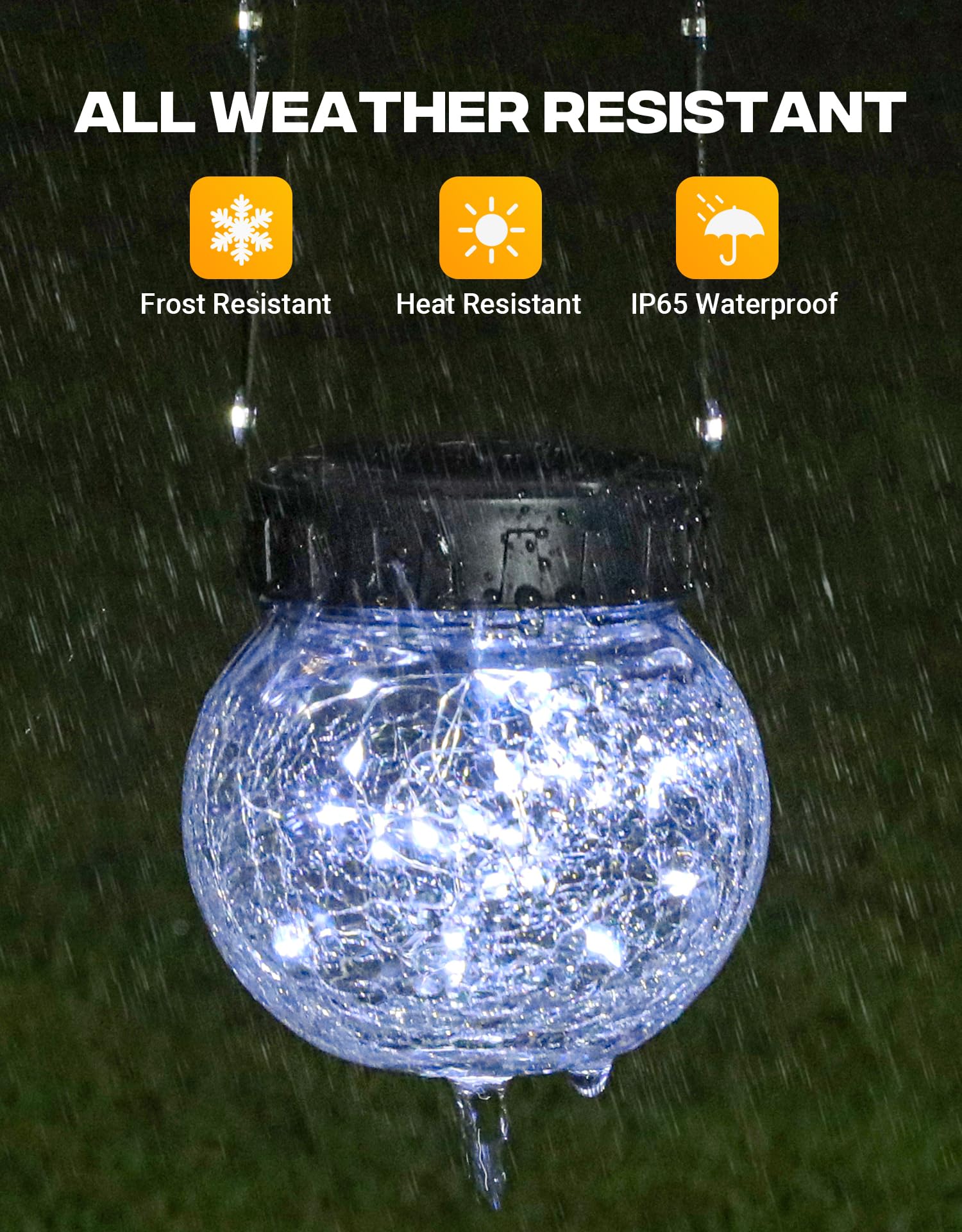 PARTPHONER Luci solari per esterni, impermeabili, confezione da 12, lanterne da appendere ad energia solare, in vetro incrinato, per decorazione da cortile, decorazione natalizia, gancio da pastore
