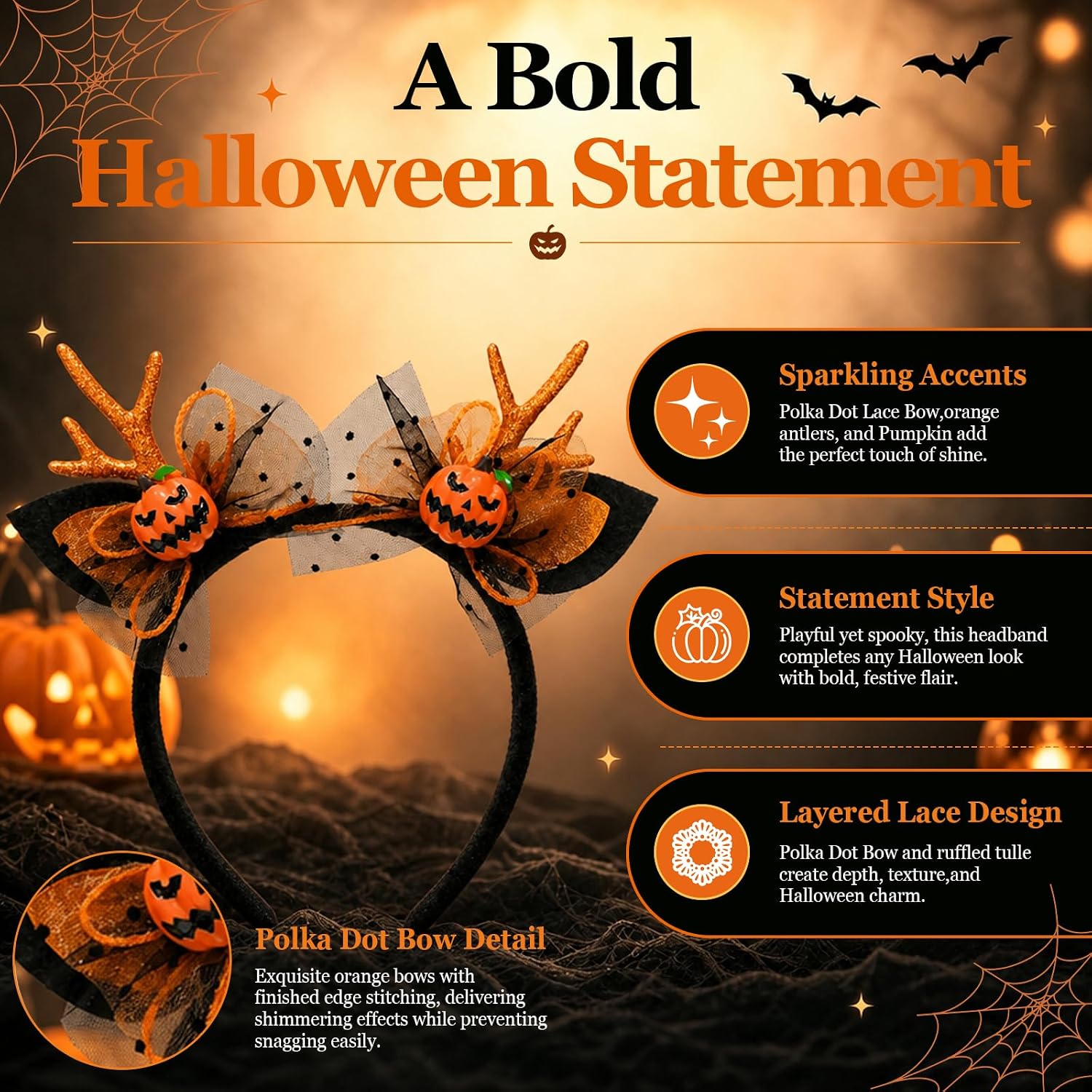 Halloween Headband, Orange Glitter Antler Pumpkin Headband | Skull Spider Web Bow Hair Hoop for Happy Halloween Party Hair Decoration for Women(Golden)