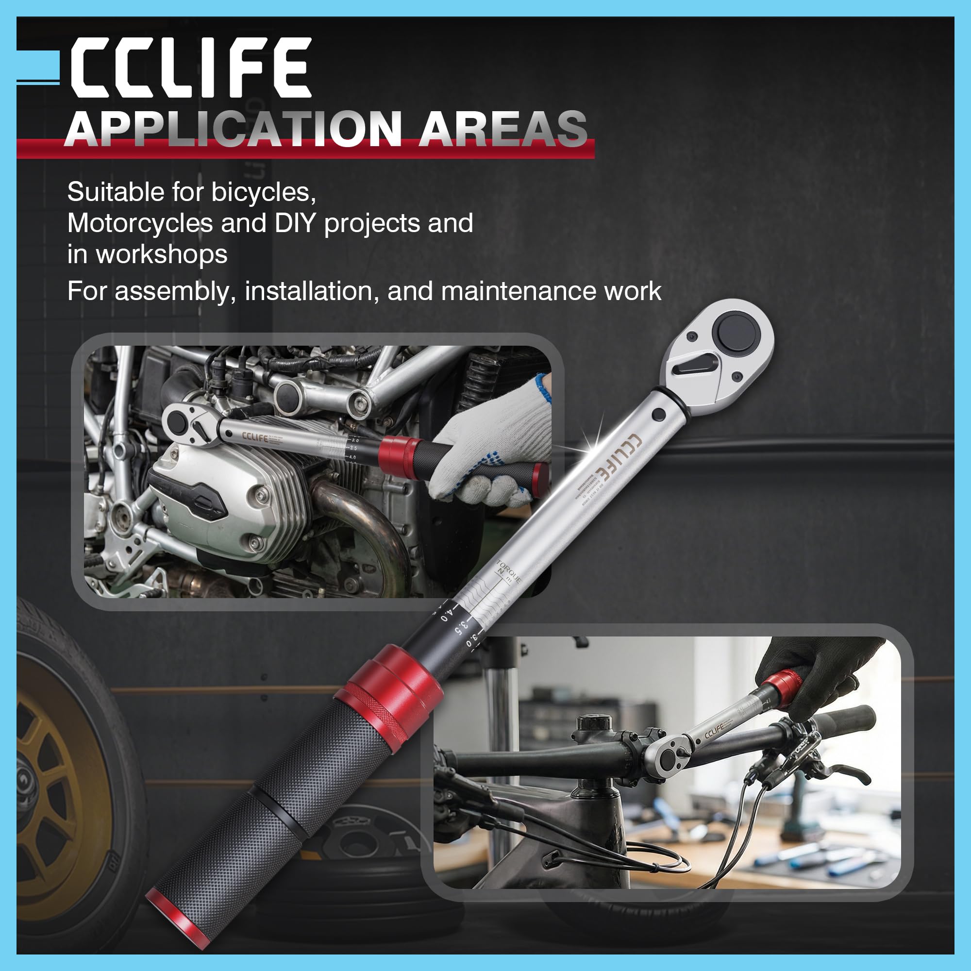CCLIFE Llave dinamométrica de 3/8 pulgadas Click 10 – 60 N·m – Llave de torsión precisa de acero Cr-V con 72 dientes de trinquete y escala de fácil lectura para bicicleta, motocicleta y taller
