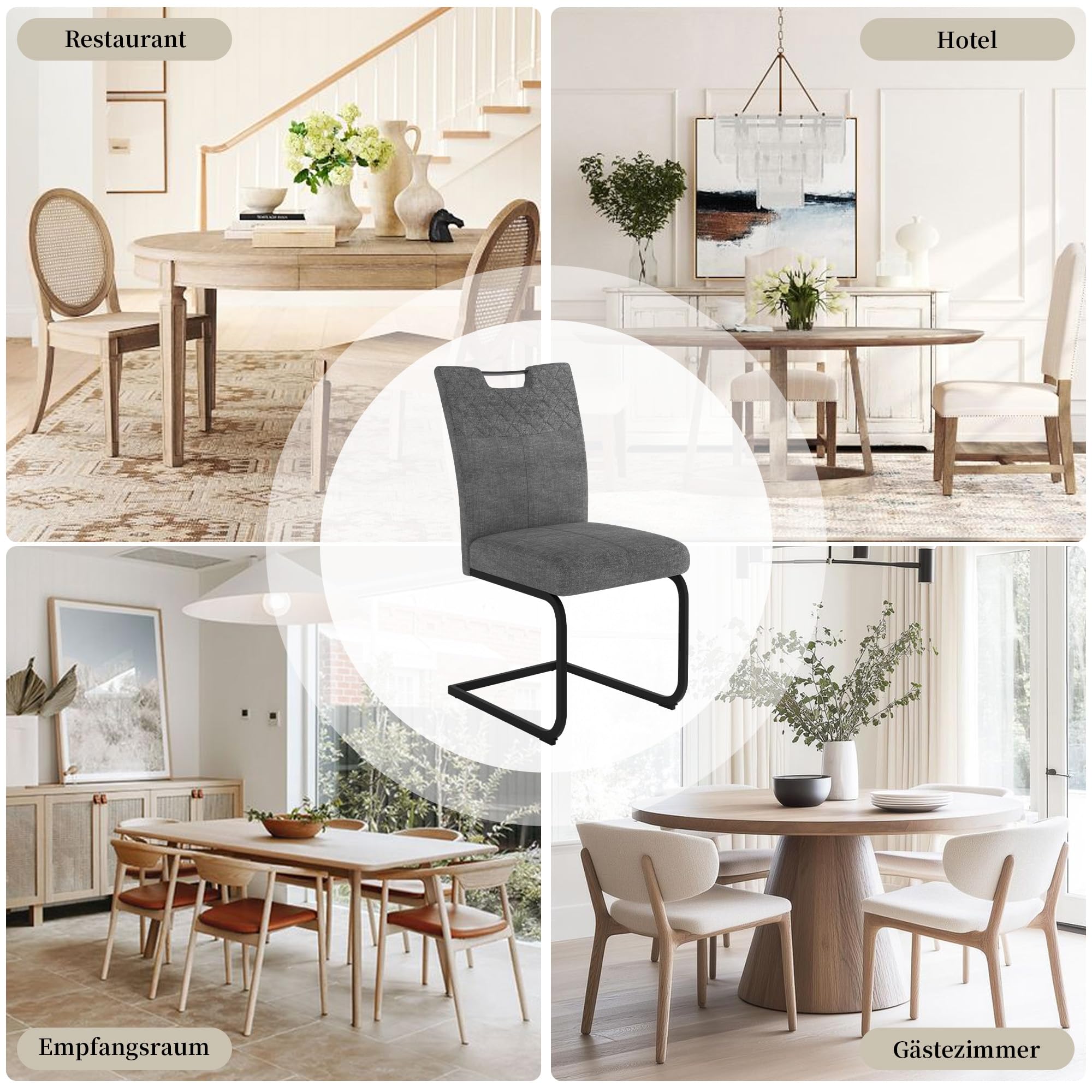 JIEXI Freischwinger Esszimmerstühle 4er Set – Schwingstuhl Stuhl Mit Stoffbezug, Gesteppter Rückenlehne & Metallgestell, Küchenstuhl/Essstuhl Modern, Bequem & Stabil (4 Graue Stühle)