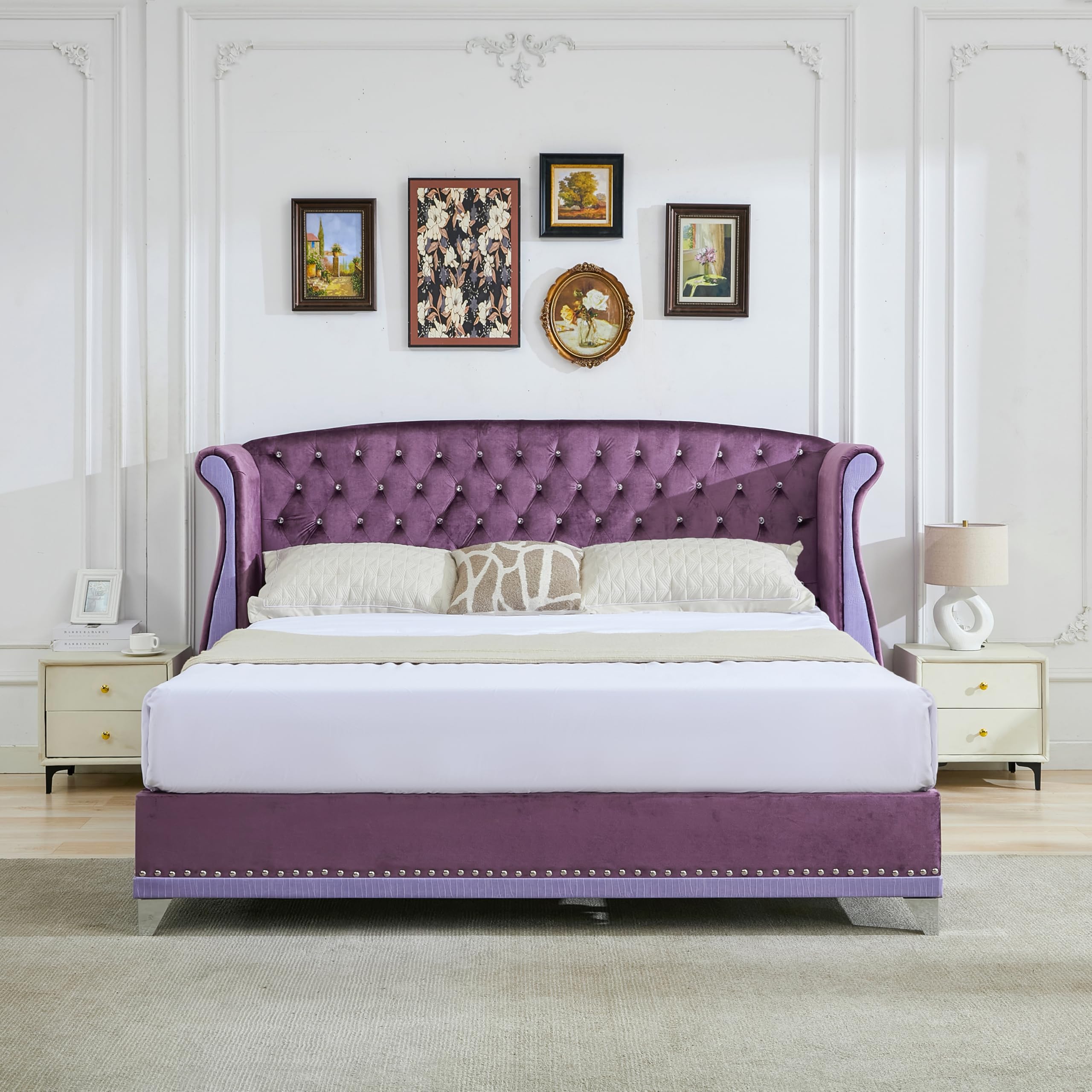 CHRISTOPHER KNIGHT HOME Kryden Glam Gray Velvet Upholstered Wood Frame King Platform Bed With Wingback Headboard, LED Lights And Side Panels 149372 - The Home Depot