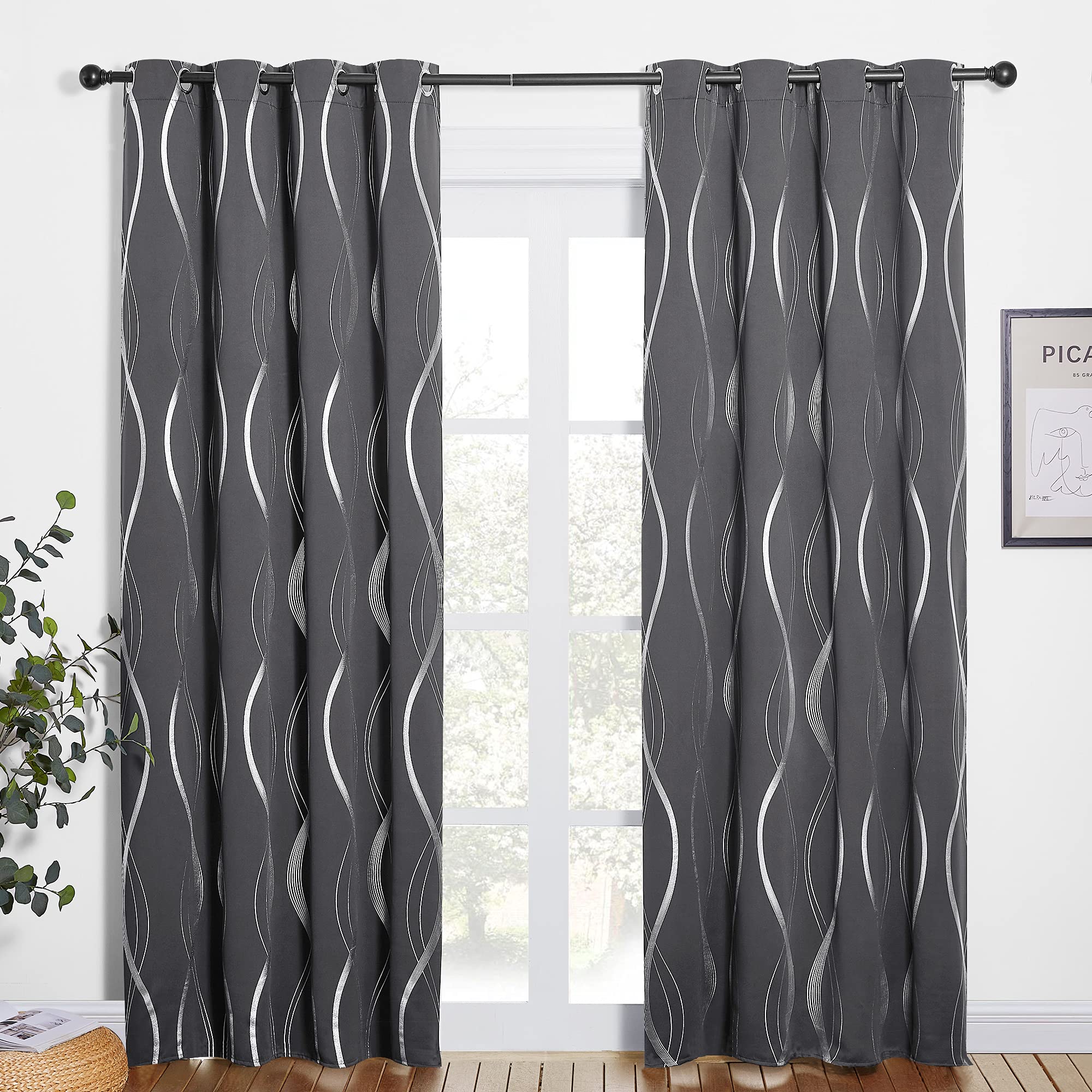 PONY DANCE Blackout Curtains, Grey, W46 x L84 Inch, Silver Wave Line Foil Printed, Thermal Insulated, Eyelet