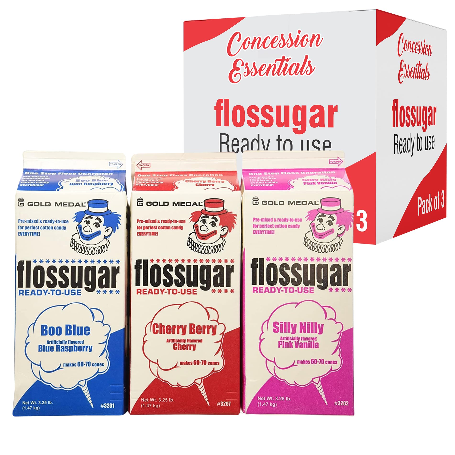Cotton Candy Floss SugarBlue Raspberry, Pink Vanilla, & Cherry- 3.25 lbs Per Carton. Total 9.75lbs