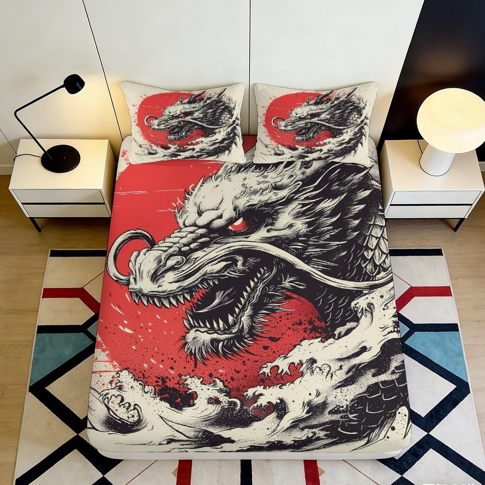 3D Printed Japanese Dragon Fitted Sheet Microfiber Black Red Waves Mattress Cover for Bedroom Dorm Easy Care Anti-Slip 90x200x25cm