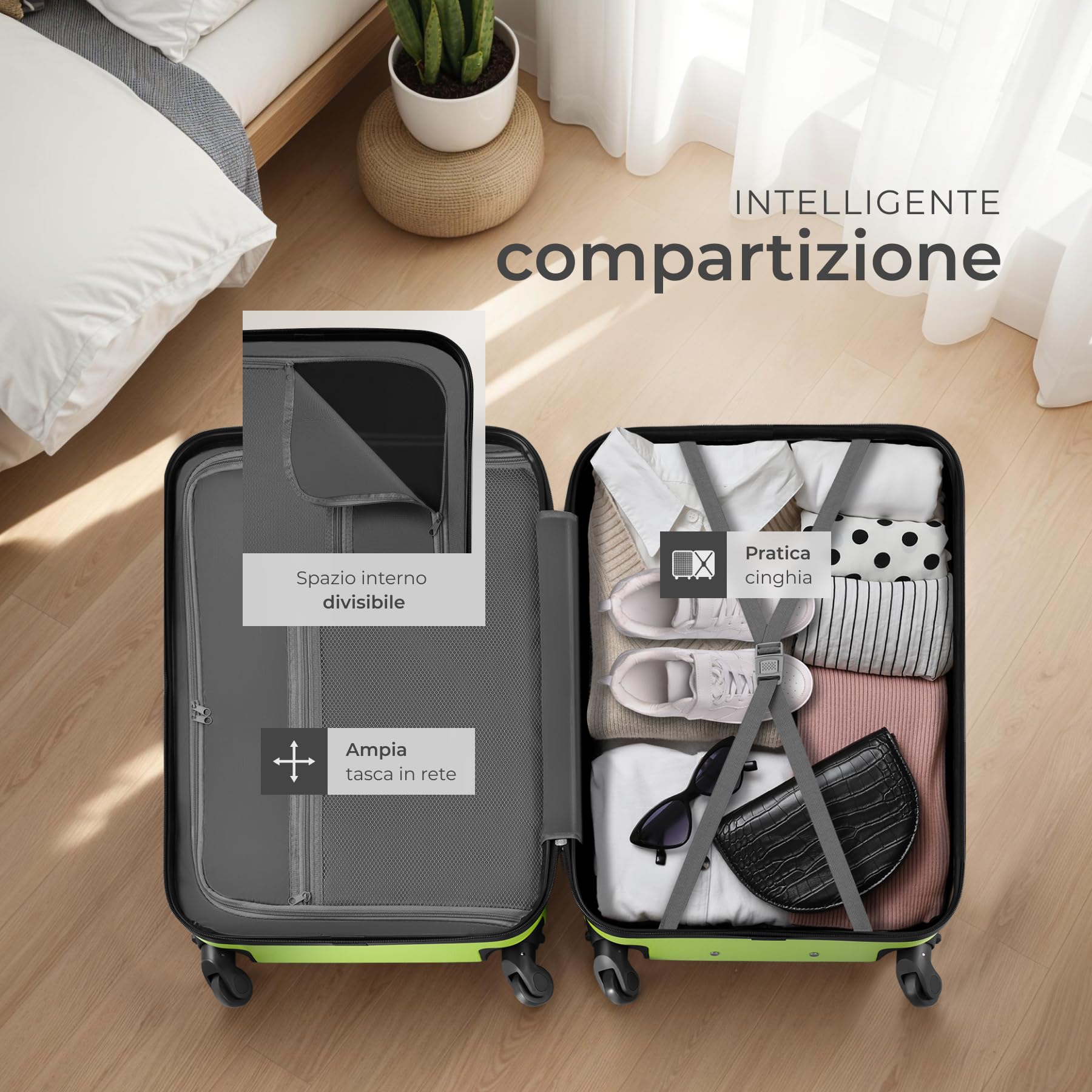 tectake® Set Valigie Trolley Rigide, 4 Valigie con Scocca in Plastica ABS, Rotelle Girevoli a 360°, Maniglia Telescopica in Alluminio, Serratura di Sicurezza a Combinazione - Verde
