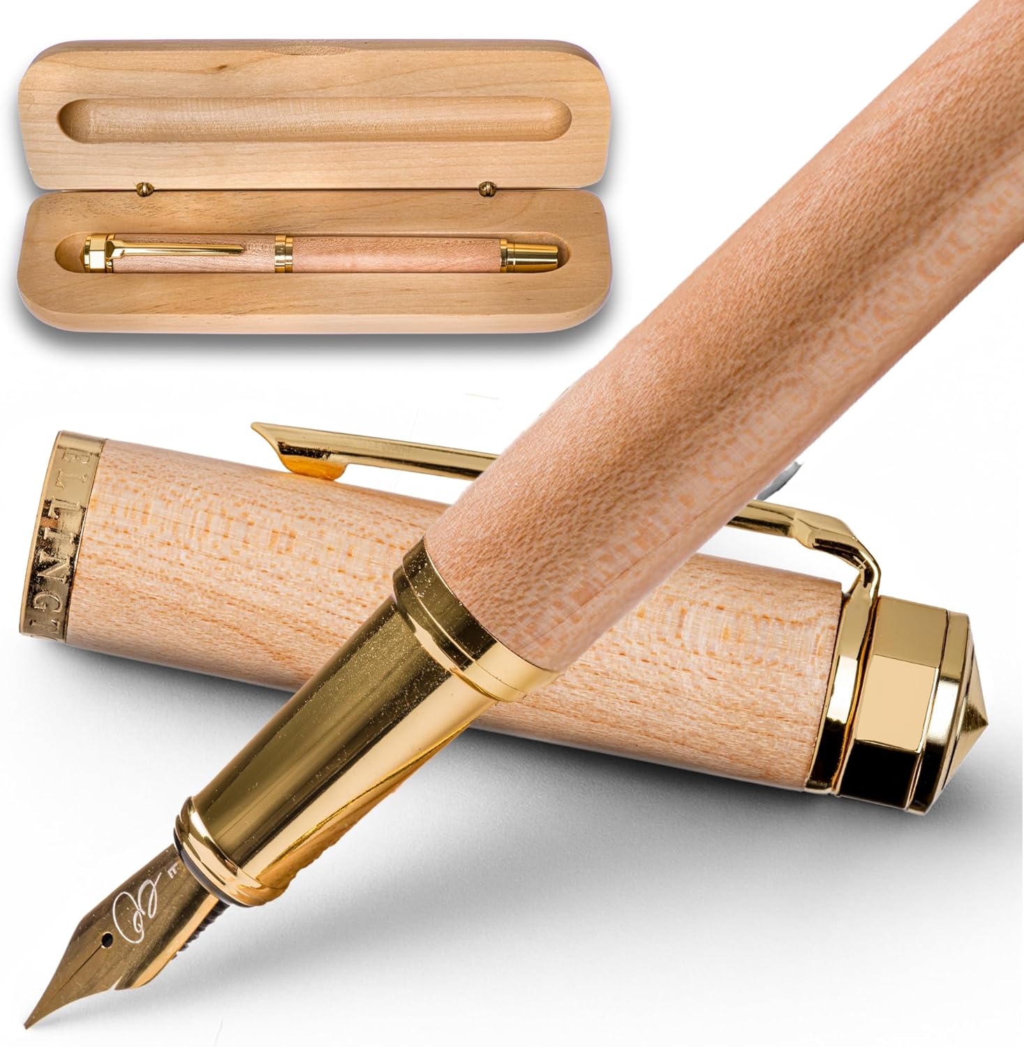 Ellington Pens Elegant Wood Fountain Pen Set – Includes Wooden Pen Box, Ink Converter, 6 Ink Cartridges, and Gift Box – Writing, Calligraphy Maple Harmony Extra Fine