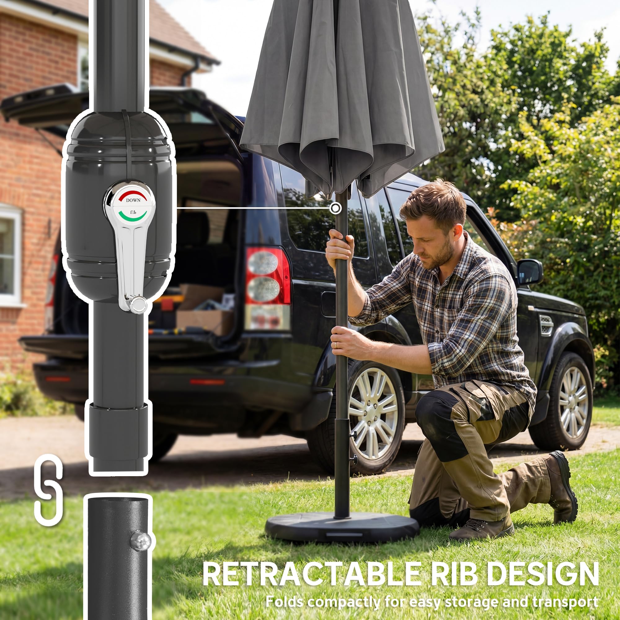 Outsunny 2.7 m Garden Parasol Umbrella with Cross Base and Sandbag, Retractable Ribs, Outdoor Table Market Patio Umbrella Sun Shade with 30 Degree Tilt and Crank, Vent - 5