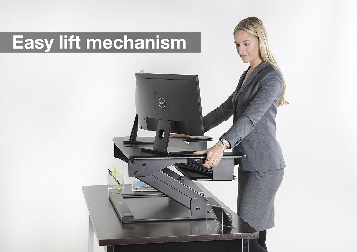Kantek Standing Desk Converter, Adjustable Upto 20", Extra Wide Platform, Fits Dual Monitors, Sit to Stand Home Office Workstation, Grommet Hole, EZ Lift, Black