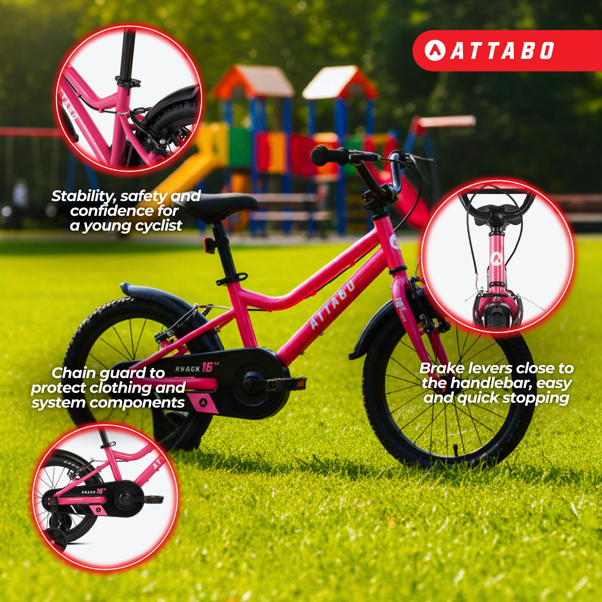 ATTABO Rower dziecięcy Knack 16 (5-7 lat) z lekką aluminiową ramą (9 kg), koła 16", do 110-120 cm, ergonomiczna kierownica, stabilna i lekka kierownica, idealny do nauki w