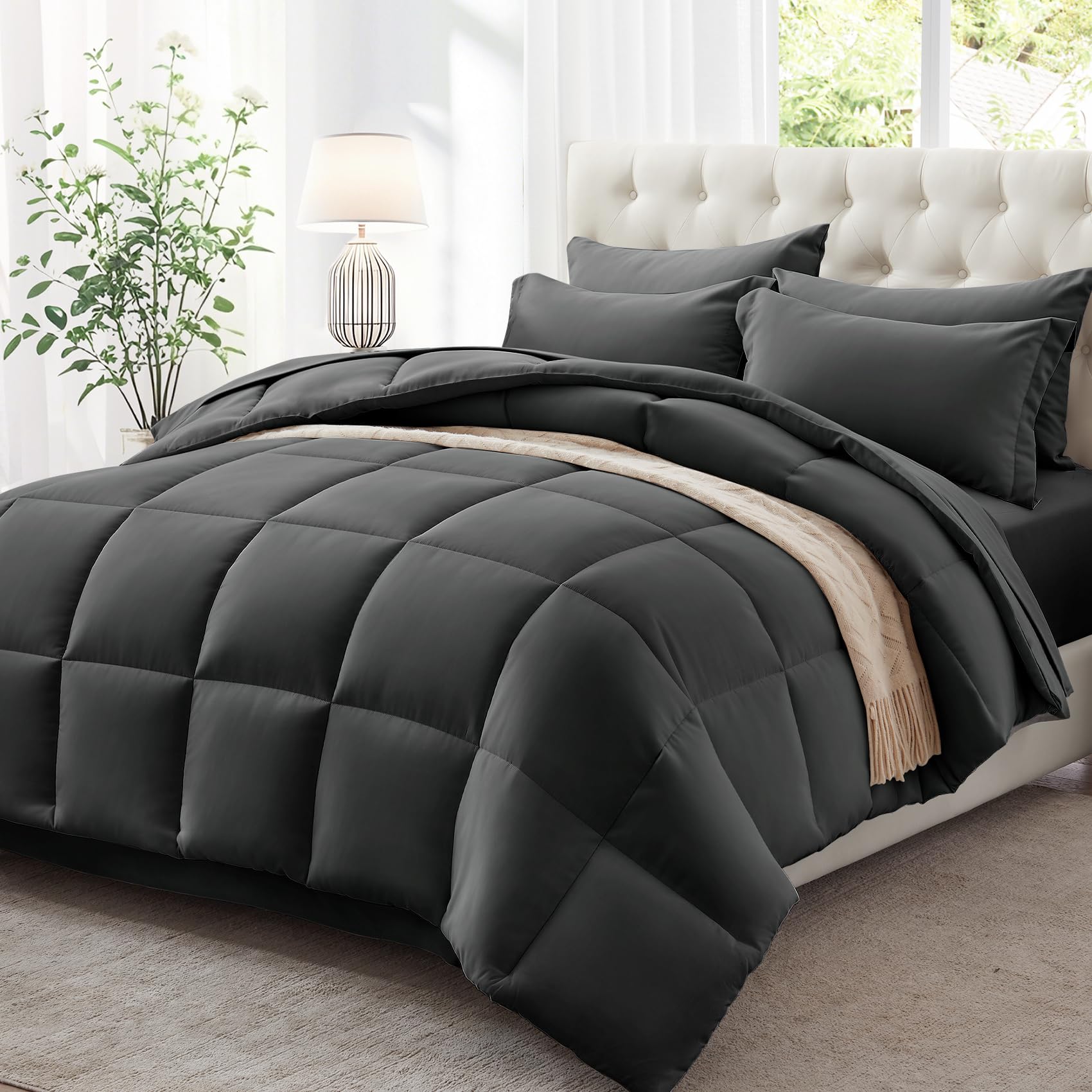 Zzlpp Twin Comforter Set 5 Piece, Dark Grey Bed in a Bag with Comforters, Pillow Shams, Pillowcases, Flat Sheet, Fitted Sheet with Side Pocket