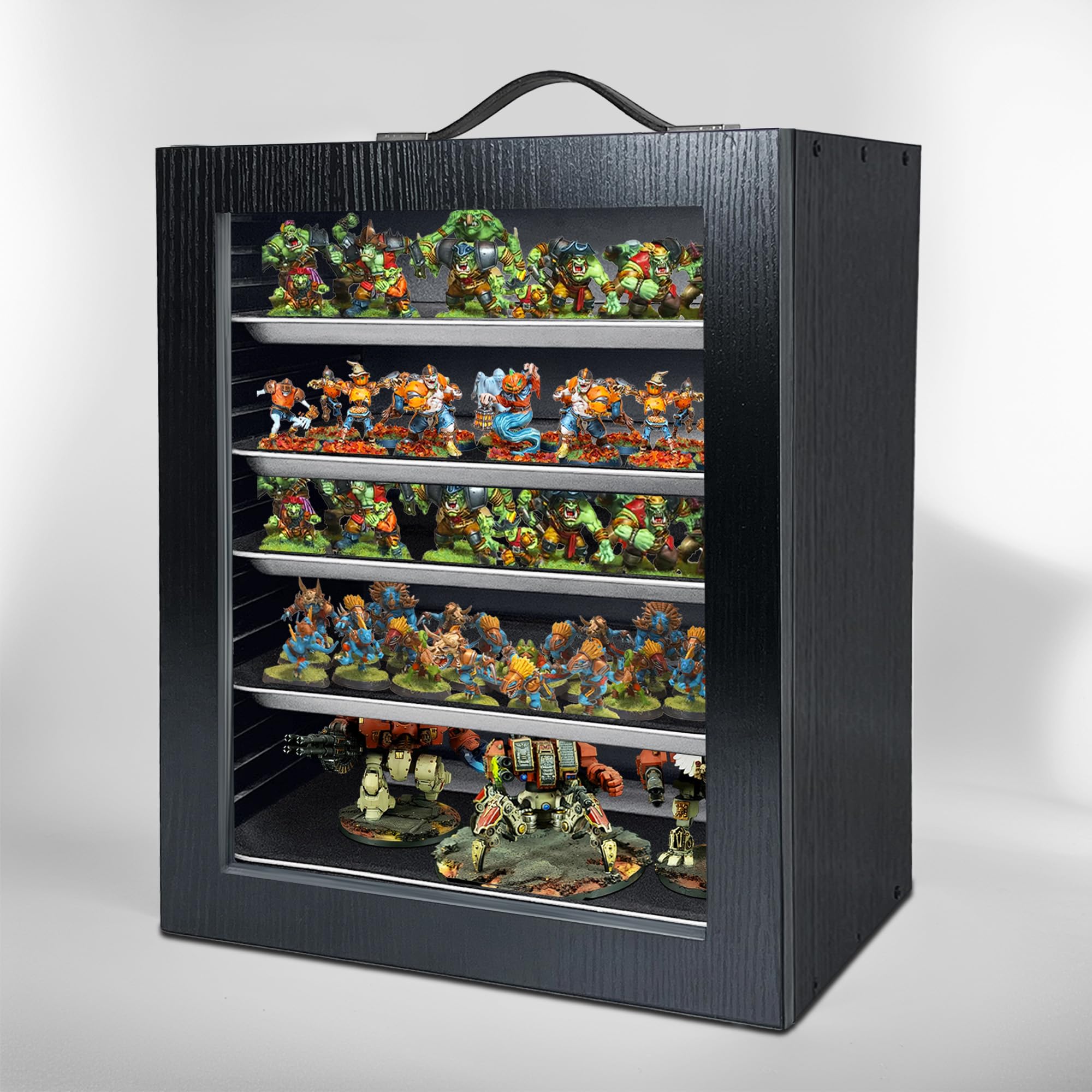 Estuche de almacenamiento en miniatura para coleccionables, estuche de transporte en miniatura de madera con 5 bandejas de metal, estuche de transporte en miniatura, color negro
