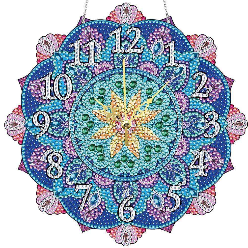 Fiorky DIY Rhinestone Embroidery Mosaic Clock Colorful Clock Kit 5D Crystal Diamond Clock Cross Stitch Embroidery Kit Mandala Art Craft Set Paint by Number Kits Handmade Diamond Painting