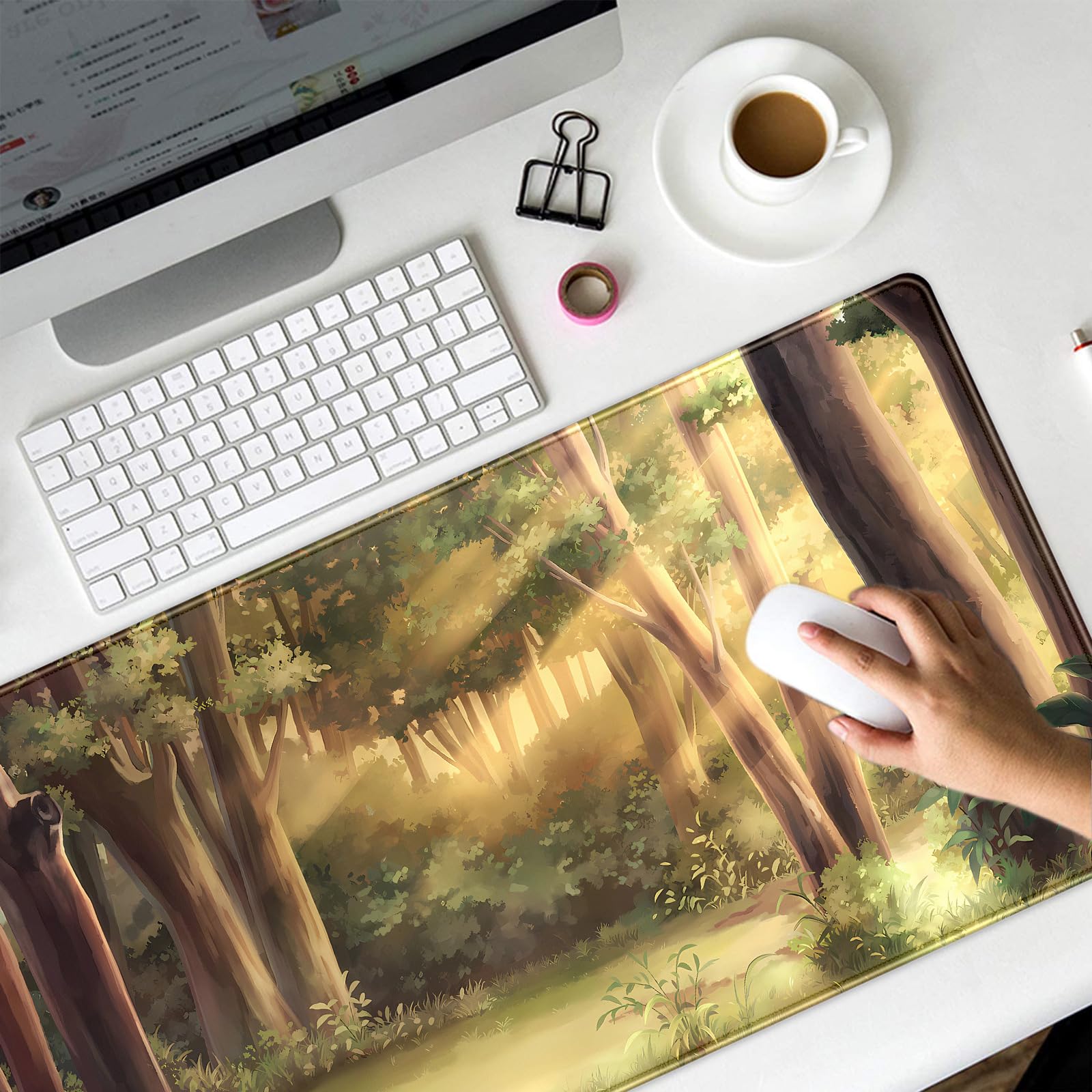 Kawaii - Tappetino da scrivania con motivo foresta verde, motivo