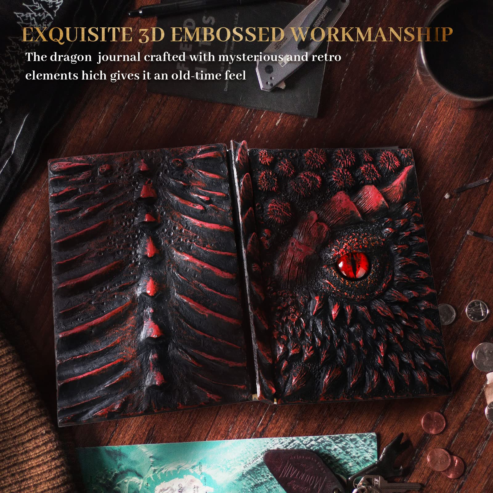 MOLSHINE A5 (7.3"x5.1") Journal en relief Dragon 3D,carnet de gravure en résine,journal rétro,100 feuilles de papier vierge,bloc-notes de voyage à couverture rigide pour l'écriture,cadeau (Rouge)