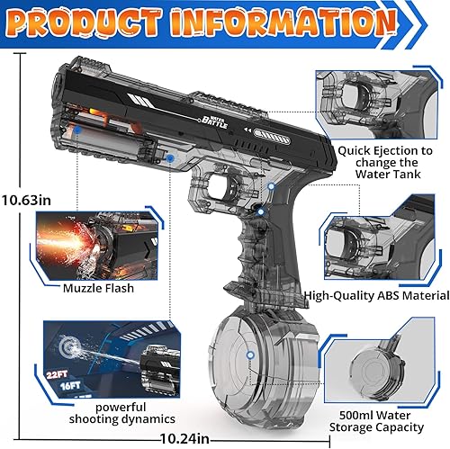 Miniatura 4 de Skirfy Pistola de agua eléctrica con flash de bozal realista para niños y adultos, pistola de agua impermeable de alta potencia con alta capacidad,