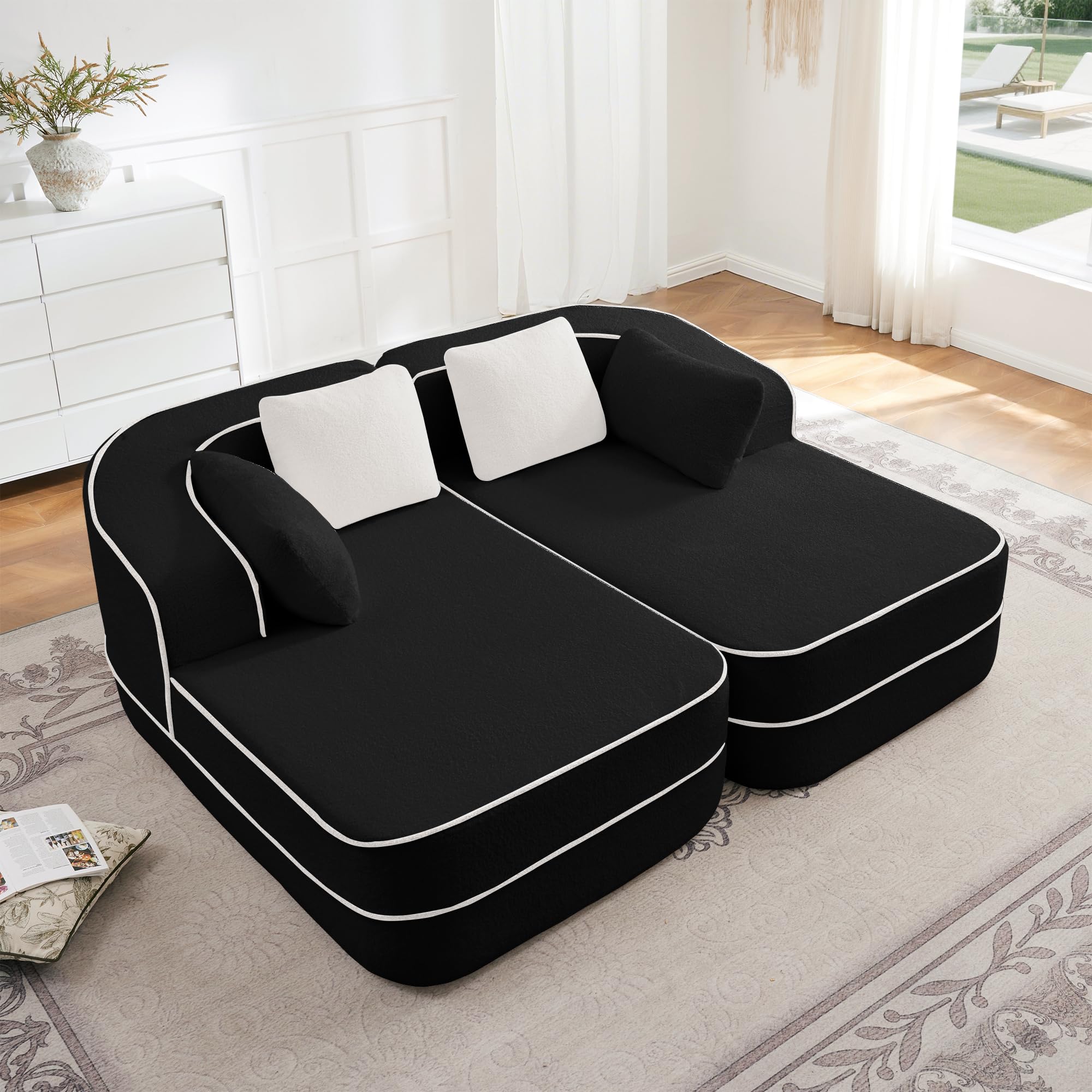 Photo 1 of KEIKI 77" Oversized Teddy Modular Sectional Loveseat Sofa with Double Chaise & High-Density Foam Cushion & Curved Arms & 4 Pillow, Upholstered Boneless 2-Seater Sleeper Couch, for Living Room, Black