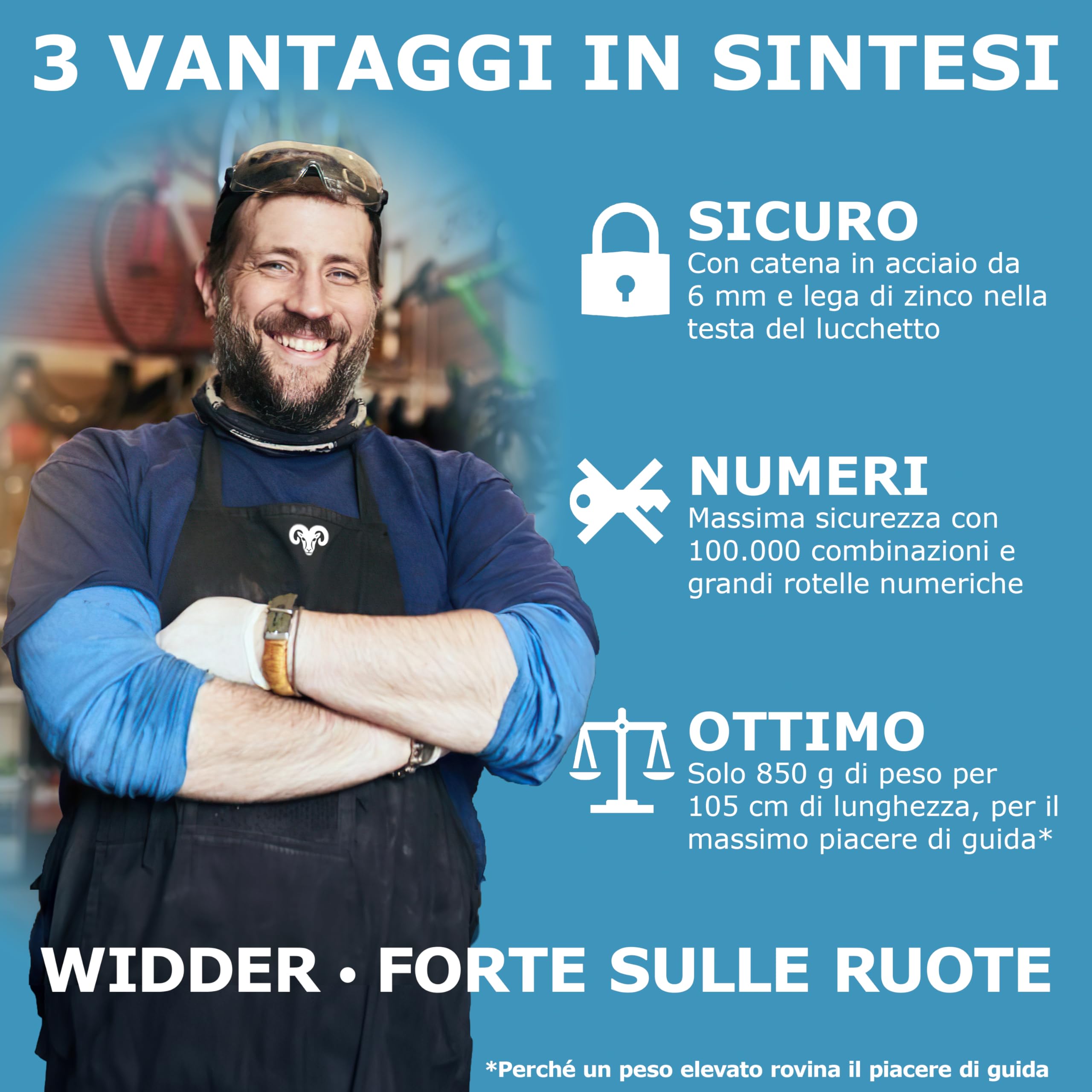 WIDDER Antifurto a combinazione [grandi rotelle numeriche, 5 cifre, 850 g] | Lucchetto con codice | catena antifurto per bici | Alta sicurezza | per monopattino elettrico, e‑bike | Combinazione numerica