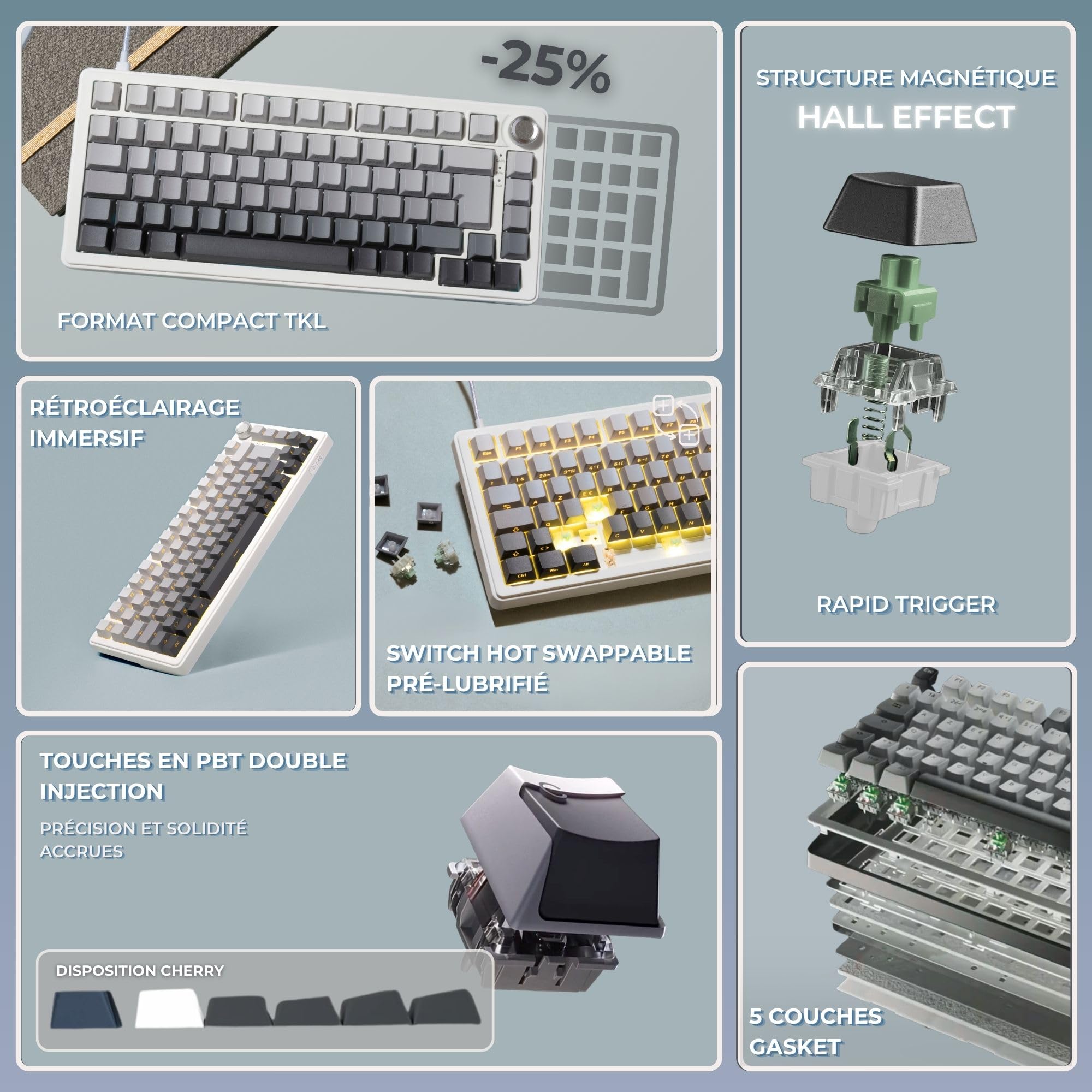 The G-Lab - KEYZ Elite 300 HE GRW - Magnetyczna Klawiatura Gamingowa Hall Effect 75% AZERTY FR, Przewodowa USB, 8000 Hz Rapid Trigger, Regulowana Aktywacja 0,01 mm, PBT Hot-Swap, RGB i Makra - Win/Mac