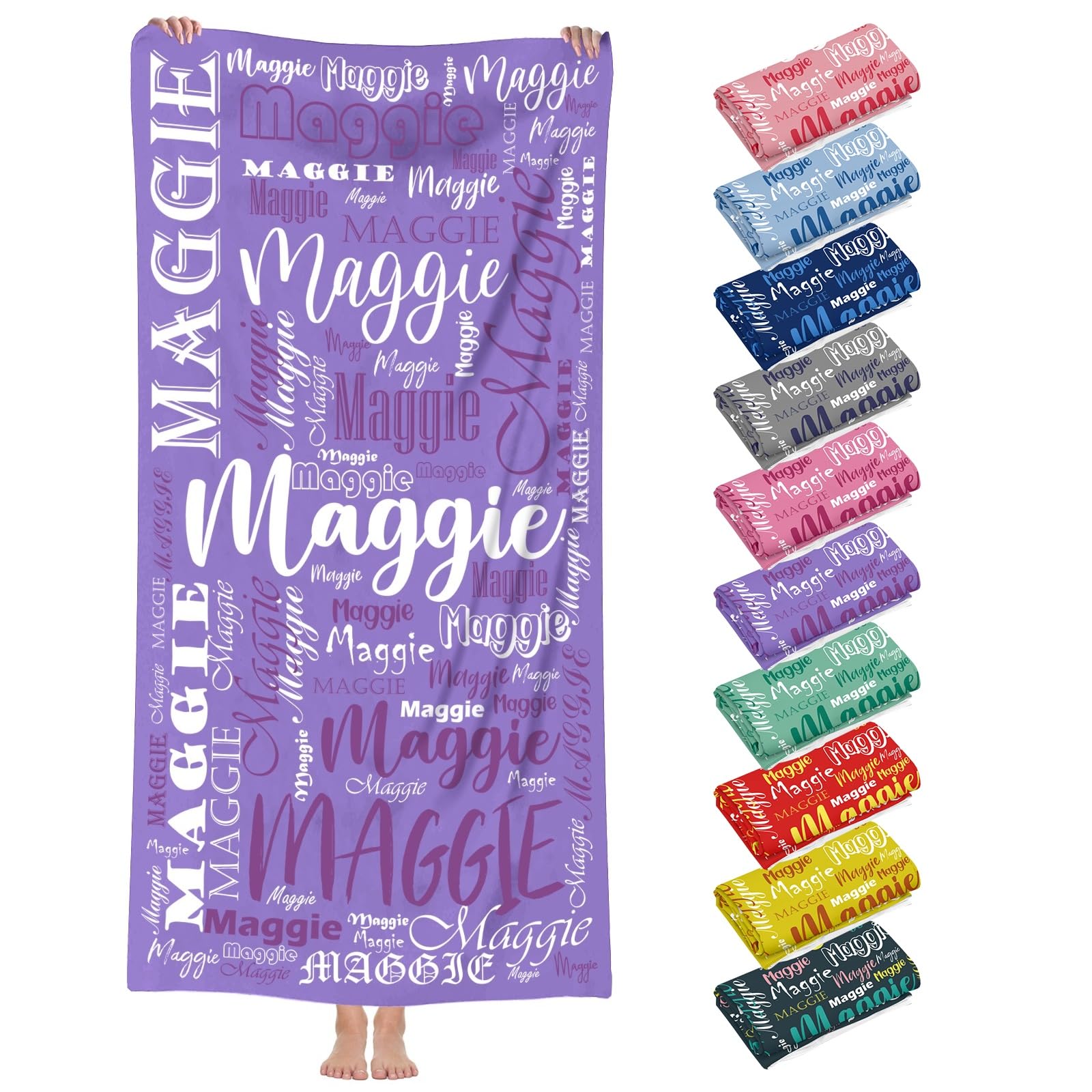 MJARTORIA Personalised Towels with Text, Beach Towel Fruit, Sand-free, Quick-drying, and Lightweight Bath Towel for Swimming Girls 76 x 152 cm (A-Purple)