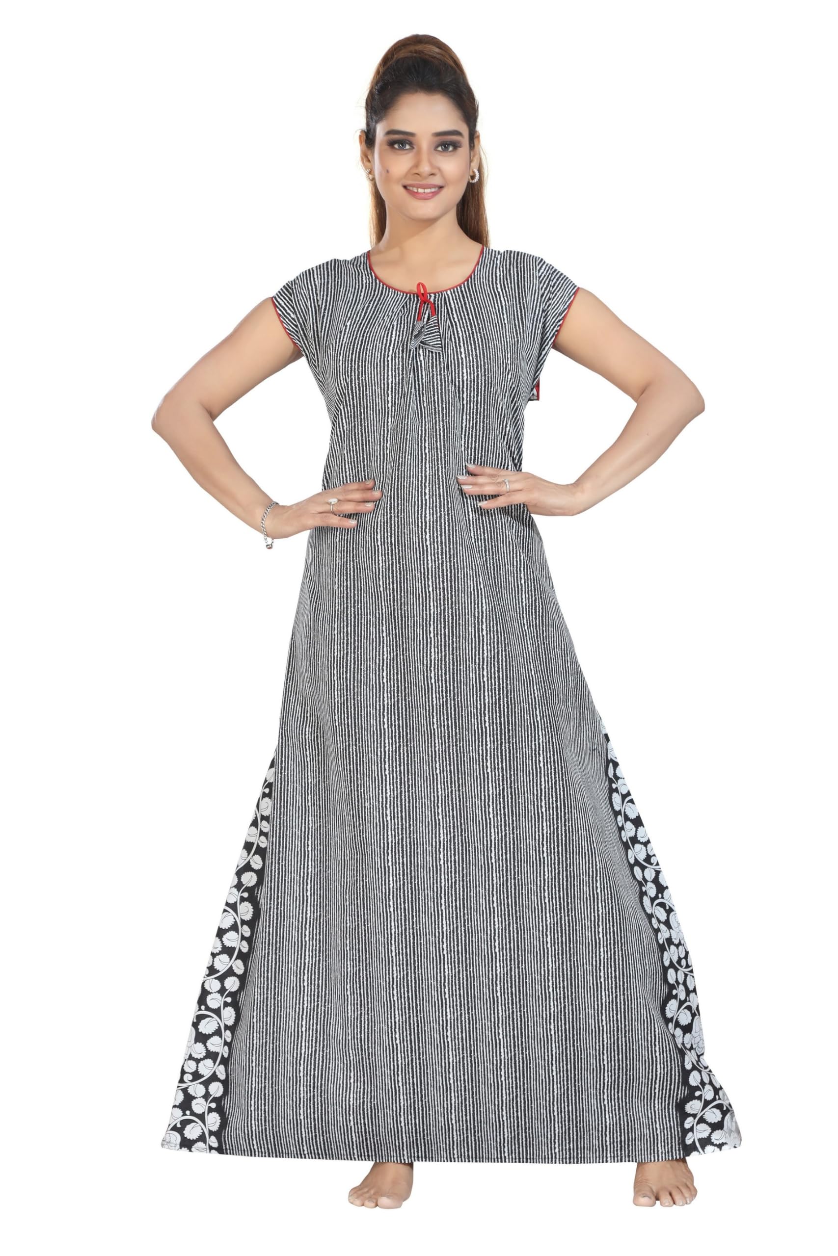 Women’s Cotton Printed Maxi Nighty for Women | Round Neck Full Length Night Gown with Tie Detail | Soft & Comfortable Nightwear-picture-39