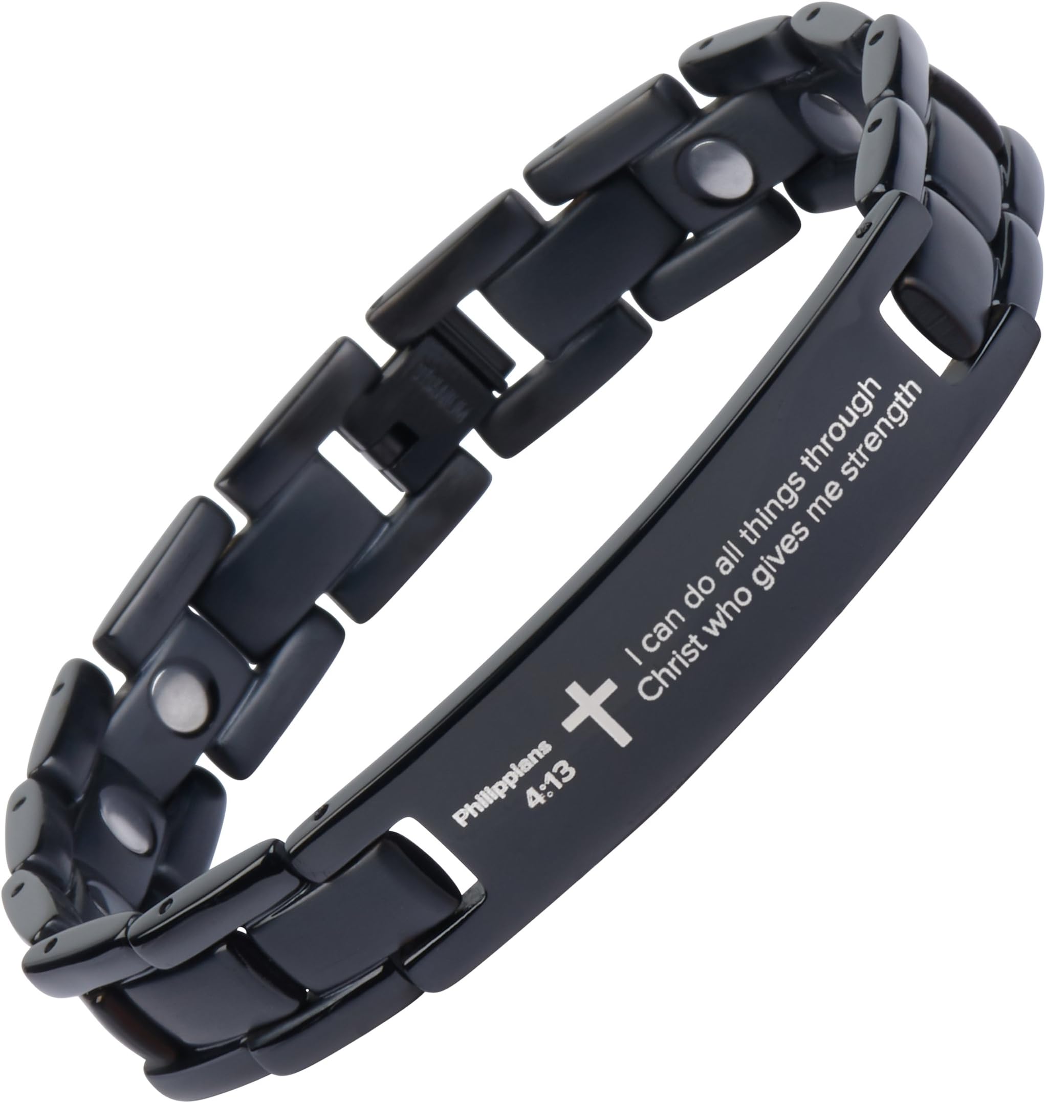 Crosstraxx Religious Bracelet - Adjustable Titanium Magnetic Bracelet with Philippians 4:13 Christian Scripture - I Can Do All Things Through Christ Who Gives Me Strength - 8.5x0.5