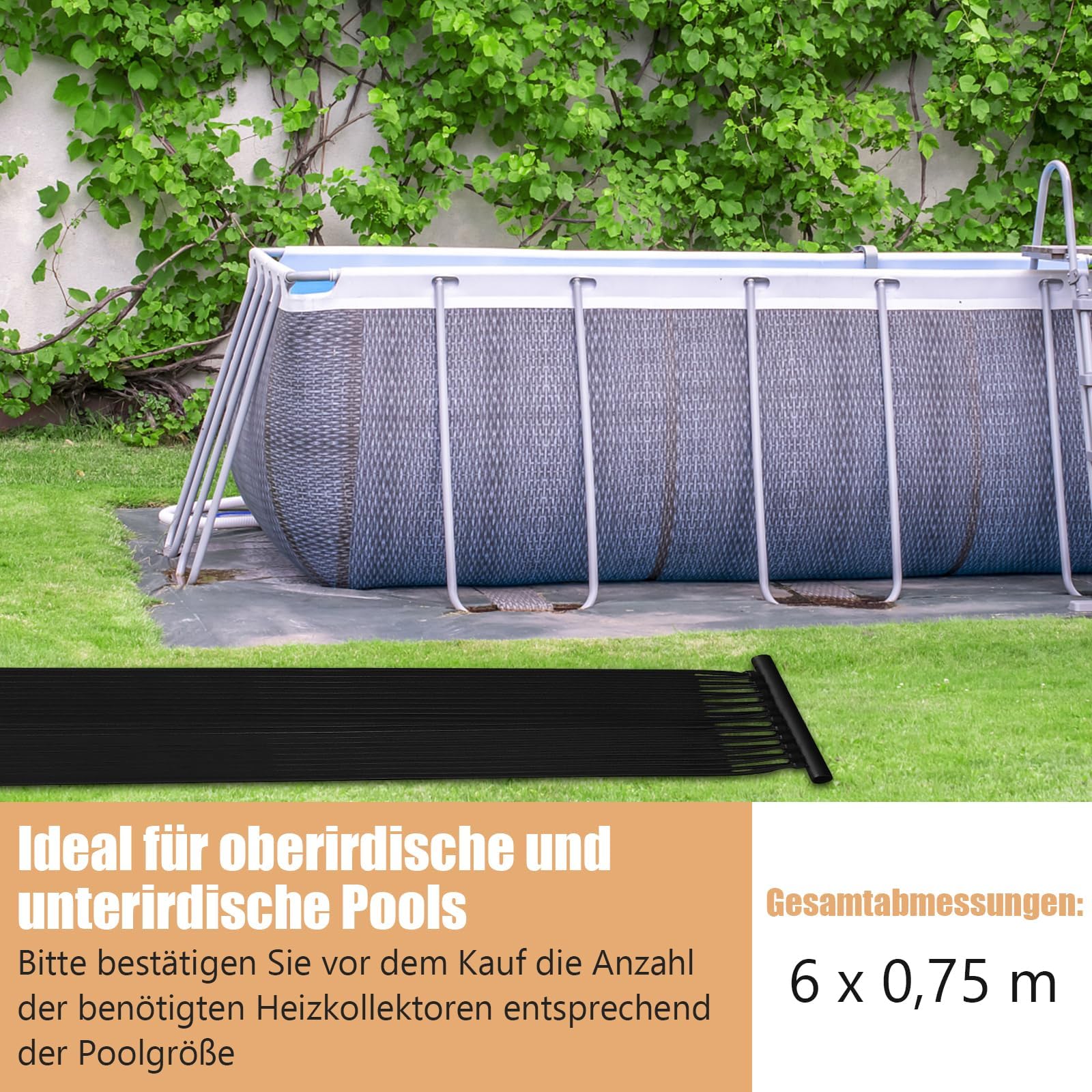 FANTASK Solar-Poolheizung 600x75 cm, Solarkollektor Poolheizung aus UV-beständiger PE, aufrollbaren Solarkollektoren, Pool Heizung für Pools bis 25800 L, Schwarz
