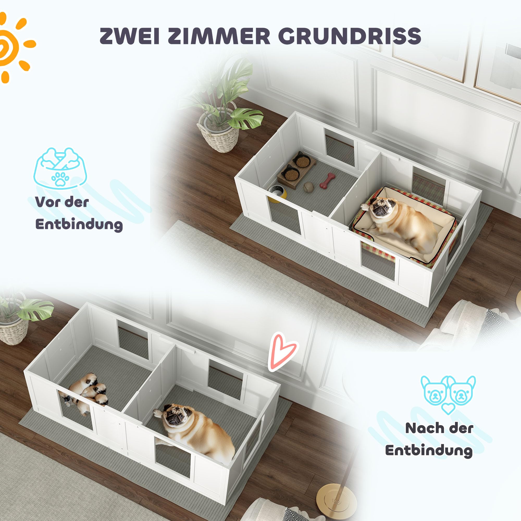 PawHut Wurfkiste für Welpen Wurfbox 2 Raum Kleine Hunde 164x80x48 cm Weiß | Welpenlaufstall, Hundelaufstall mit Tür, Welpenauslauf