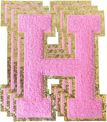TXSN 3 parches de letras de felpilla rosadas, parches de letras termo-adhesivas de 4-12" con brillantina para ropa, H