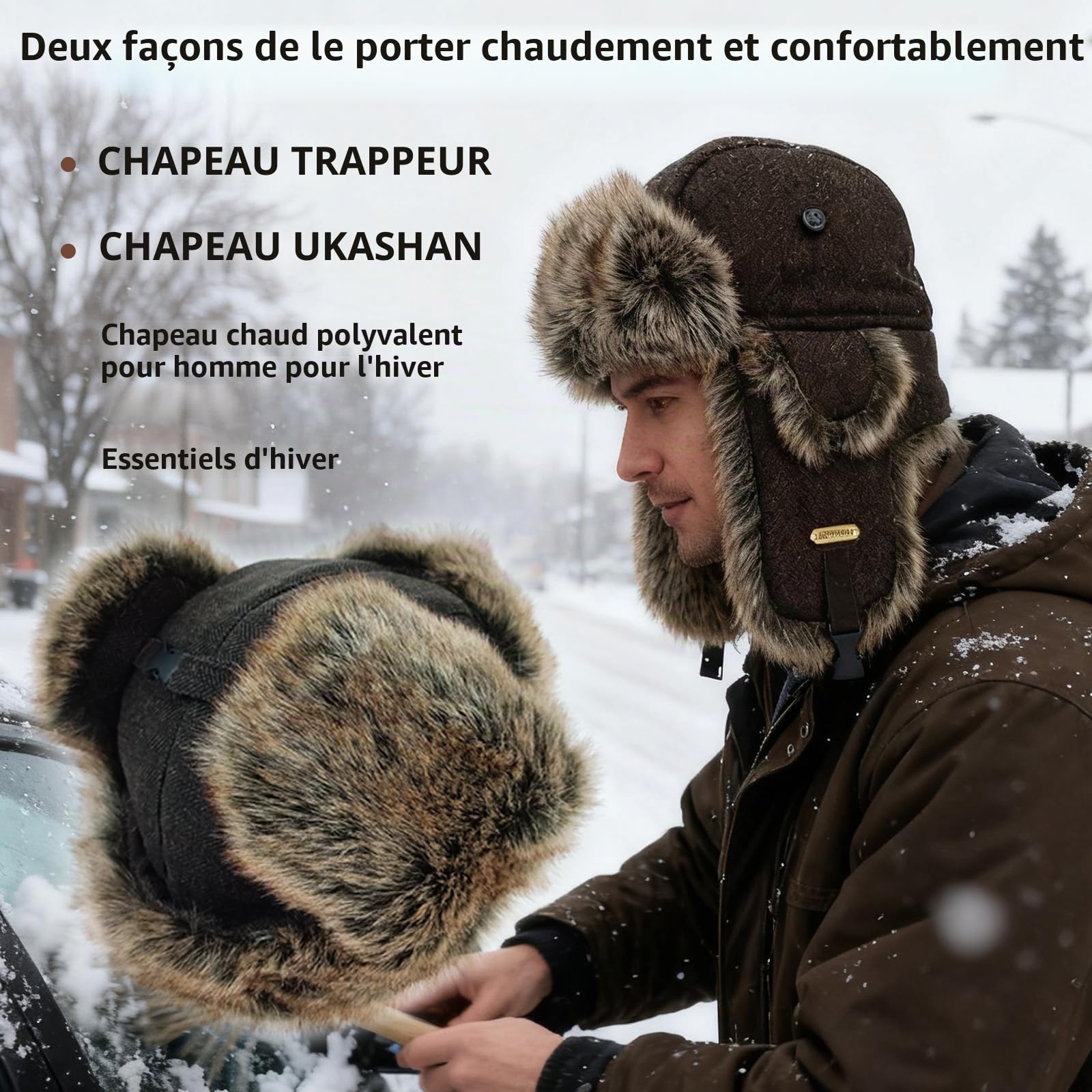 HEYANN Chapeau de Trappeur d'hiver en Fausse Fourrure, Chapeau de Pilote d'aviateur Russe Ushanka Chaud pour Homme et Femme avec Cache-Oreilles Coupe-Vent pour l'extérieur