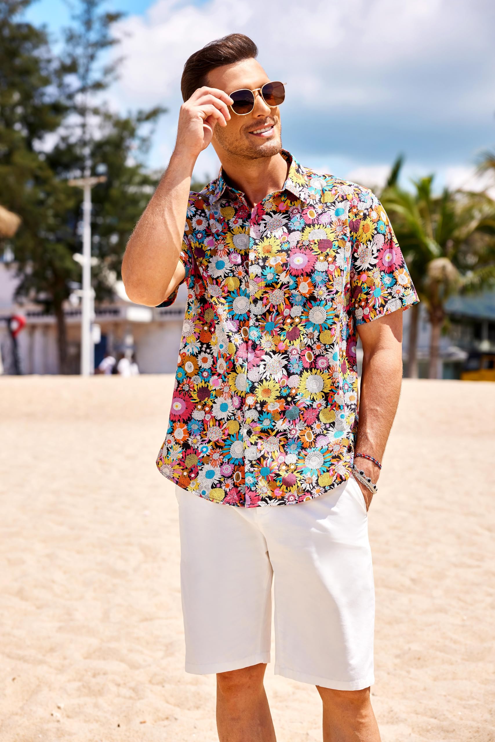 COOFANDY Camisas Hawaianas Hombre 100% Algodón, Camisas Verano Manga Corta Botonadas, Tops Tropicales Playa Corte Regular