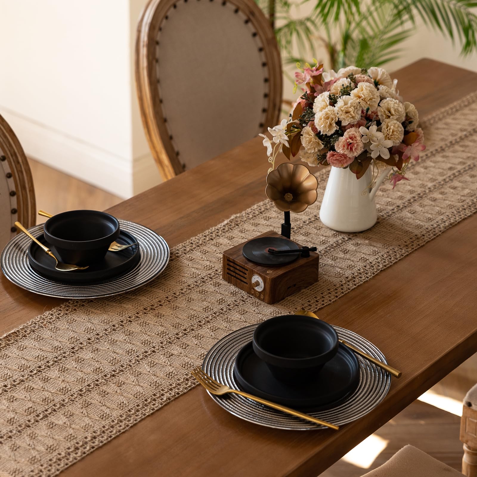 Runner Tavolo Stile Boho Runner Da Tavolo In Iuta E Lino - Stile Bohémien Vintage A Righe - Per Cucina, Tavolino O Cassettiera - 33x183 Cm Runner Righe Cucina